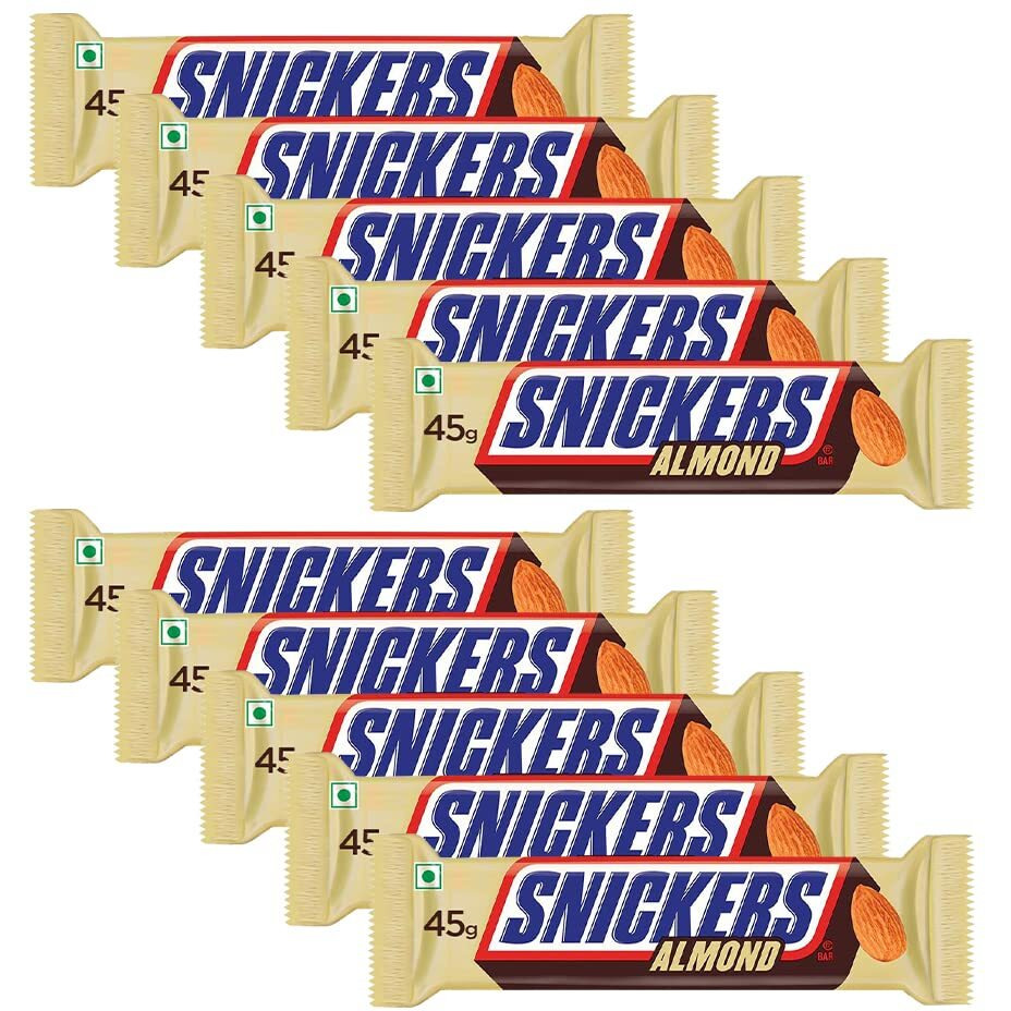 Snickers Almond Filled Chocolate Bar, Loaded With Delicious & Nutritious Roasted Almonds & Rich Caramel, Chocolate Bars For Sharing, 45 Gram, Pack Of 10