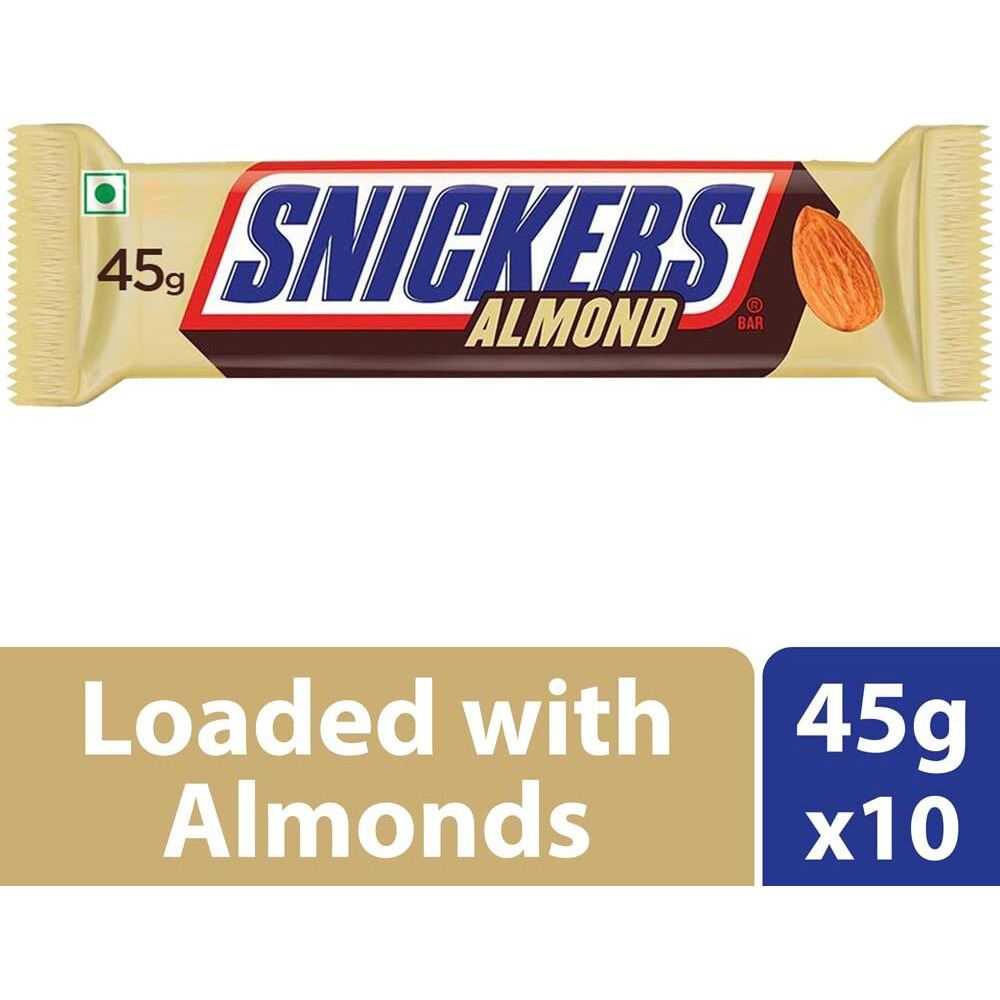 Snickers Almond Filled Chocolate Bar, Loaded With Delicious & Nutritious Roasted Almonds & Rich Caramel, Chocolate Bars For Sharing, 45 Gram, Pack Of 10