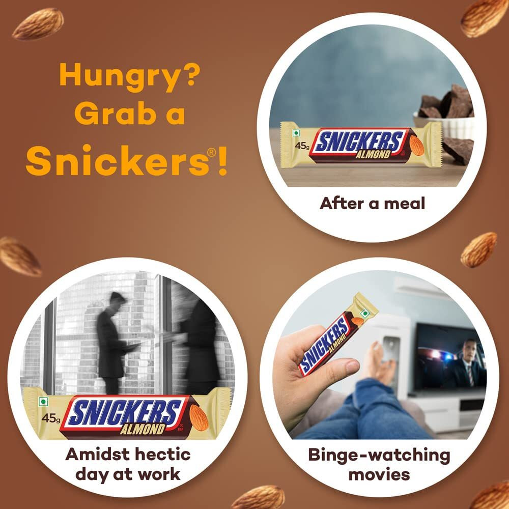 Snickers Almond Filled Chocolate Bar, Loaded With Delicious & Nutritious Roasted Almonds & Rich Caramel, Chocolate Bars For Sharing, 45 Gram, Pack Of 10