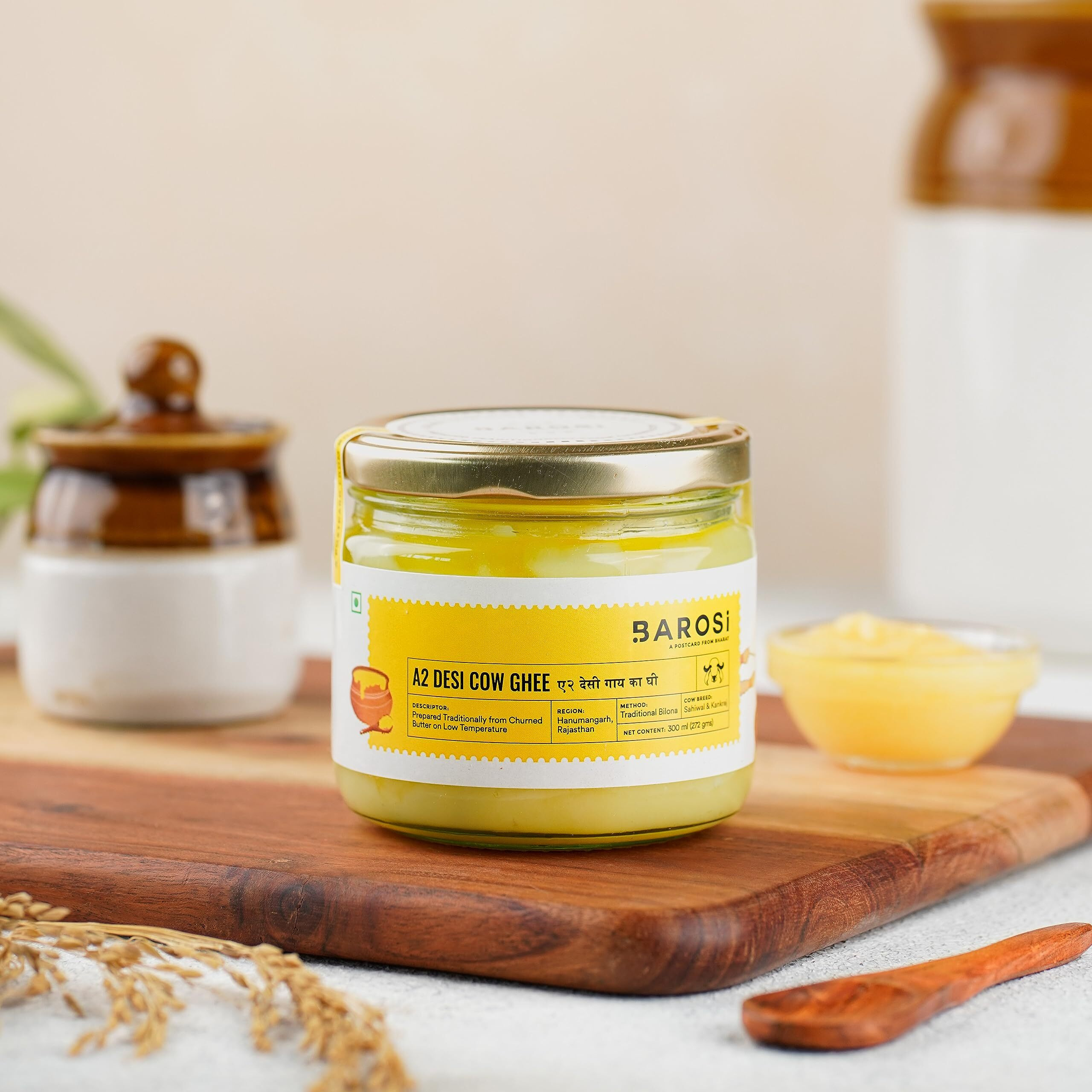 Barosi Premium A2 Cow Ghee 300 ml | A2 Danedar Desi Ghee | Churned from Curd with Bilona Method | Pure & Aromatic | Organic, Farm Made in Small Batches | Glass Jar Packing