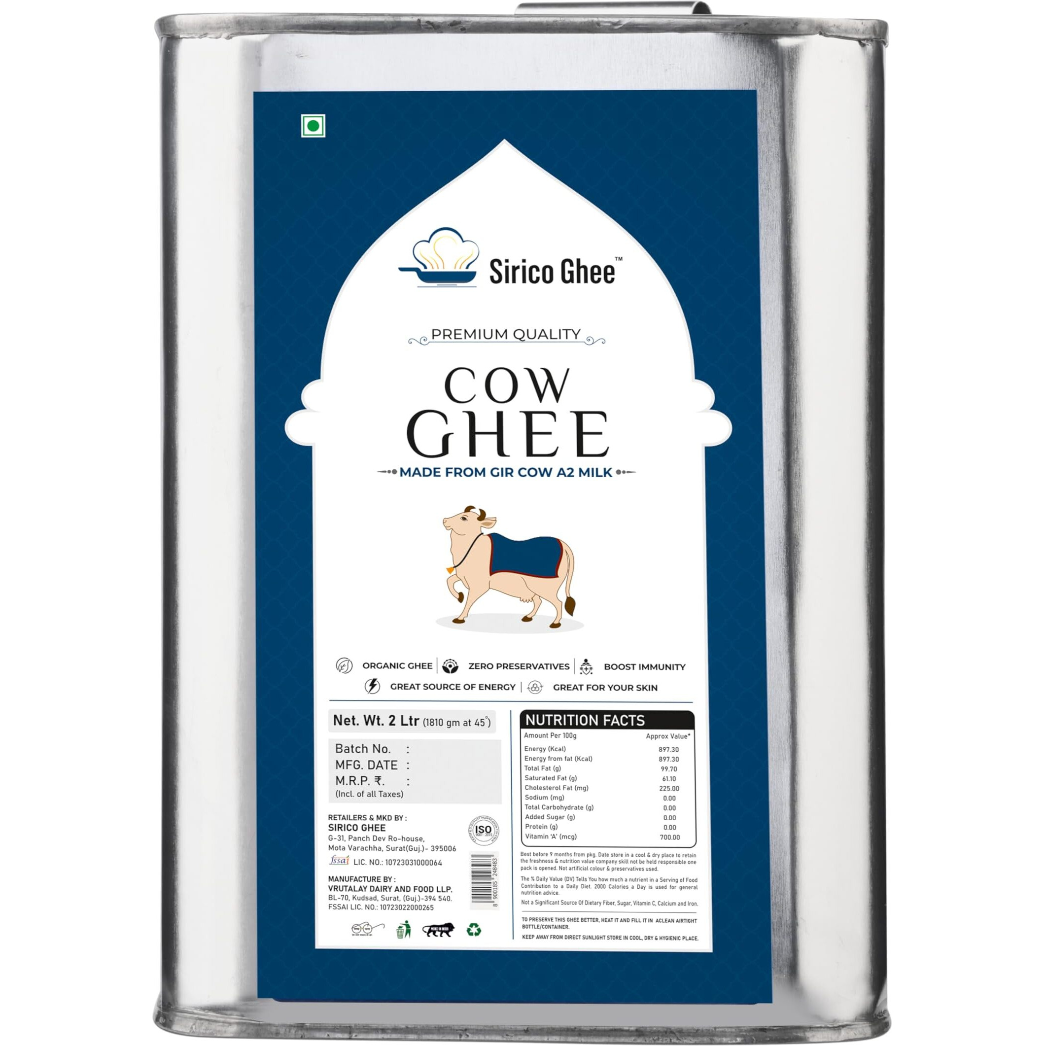 SIRICO GHEE Authentic A2 Desi Cow Ghee | Pure, Bilona, Gir Cow Ghee - Nutritious, and Delicious | Bilona cow ghee A2 | Desi ghee. (2 Liter)