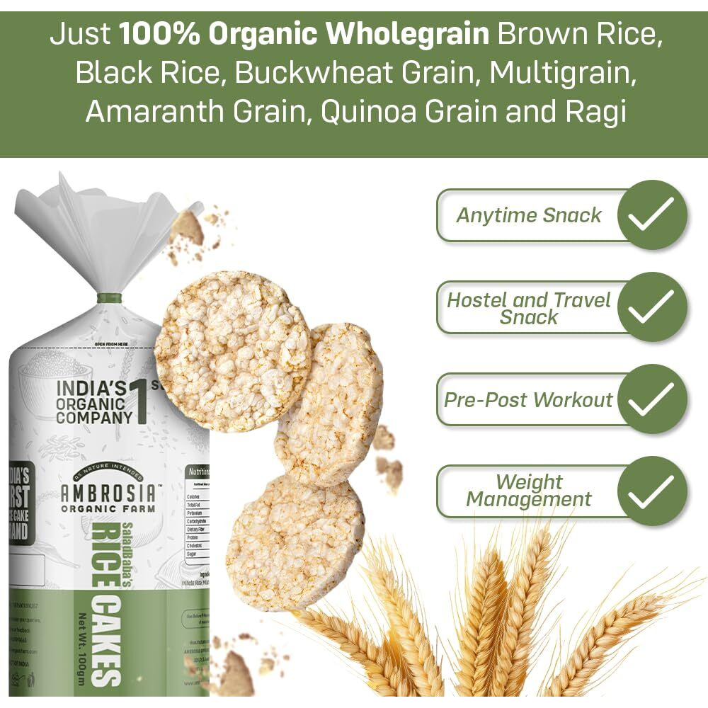 Ambrosia Organic Farm Healthy Brown Rice Cakes, No Fat, No Cholesterol, Gluten Free, Lightly Salted| Tteokbokki the Korean Brown breadsticks|Try With Crunchy Peanut Butter (Min 120g Each) (Pack of 4)