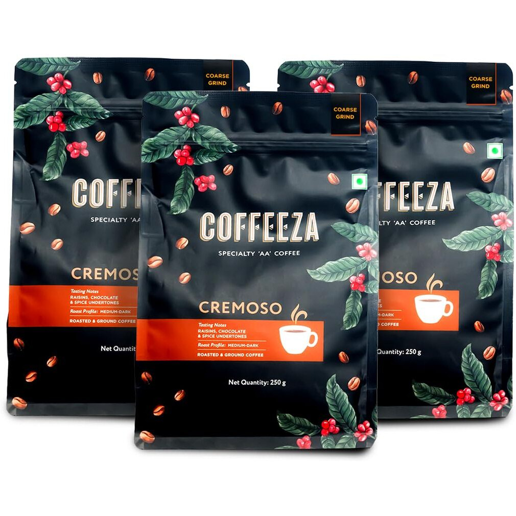 COFFEEZA Cremoso Ground Coffee | Coarse Grind (French Press) | Medium-Dark Roasted Ground Coffee - Speciality Grade Ground Coffee Pack Of 3X 250Gm Packet