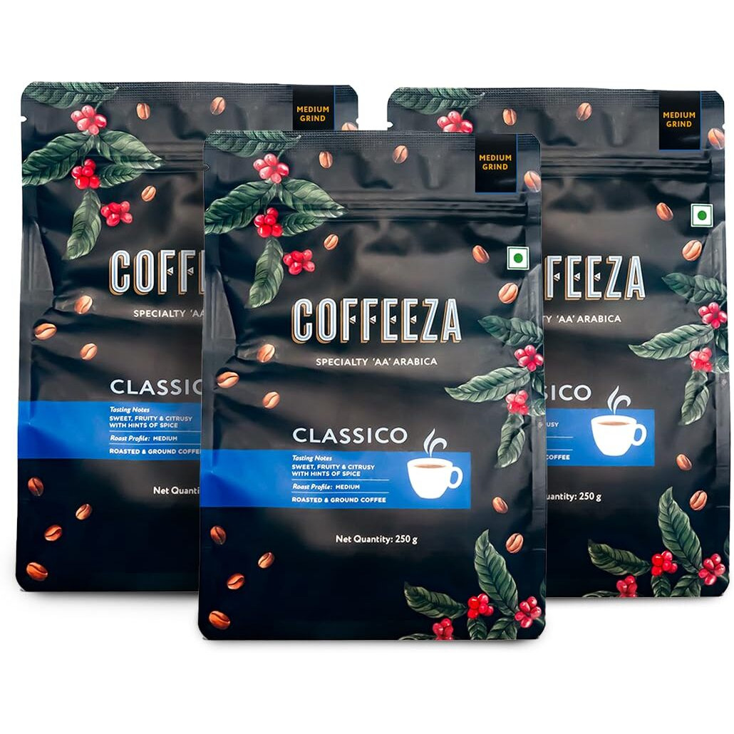 COFFEEZA Classico Ground Coffee | Medium Grind (Pour-Over, Aeropress & Filter Coffee) | 100% Arabica Premium Grade, Medium Roasted Ground Coffee | Pack Of 3X 250Gm, Packet