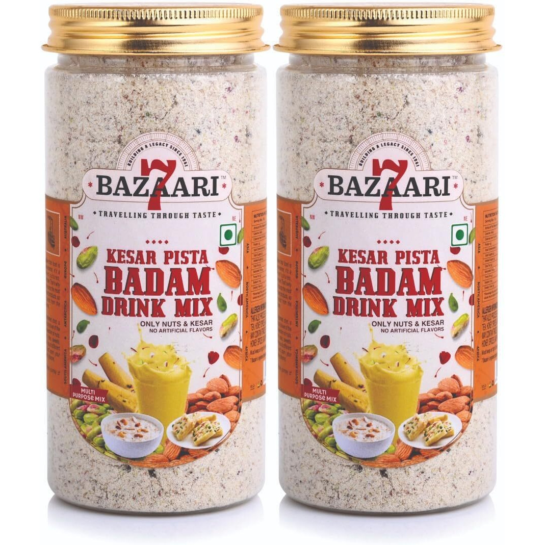 7 BAZAARI Kesar Pista Badam Drink Mix 225G - All Natural Blend of Almonds, Pistachios, Cashews with Saffron & Rose Petals | No Artificial Flavors | Nutritious All-Season Drink for Children | Winter & Summer Beverage | Healthy Traditional Indian Drink (Pack of 2)
