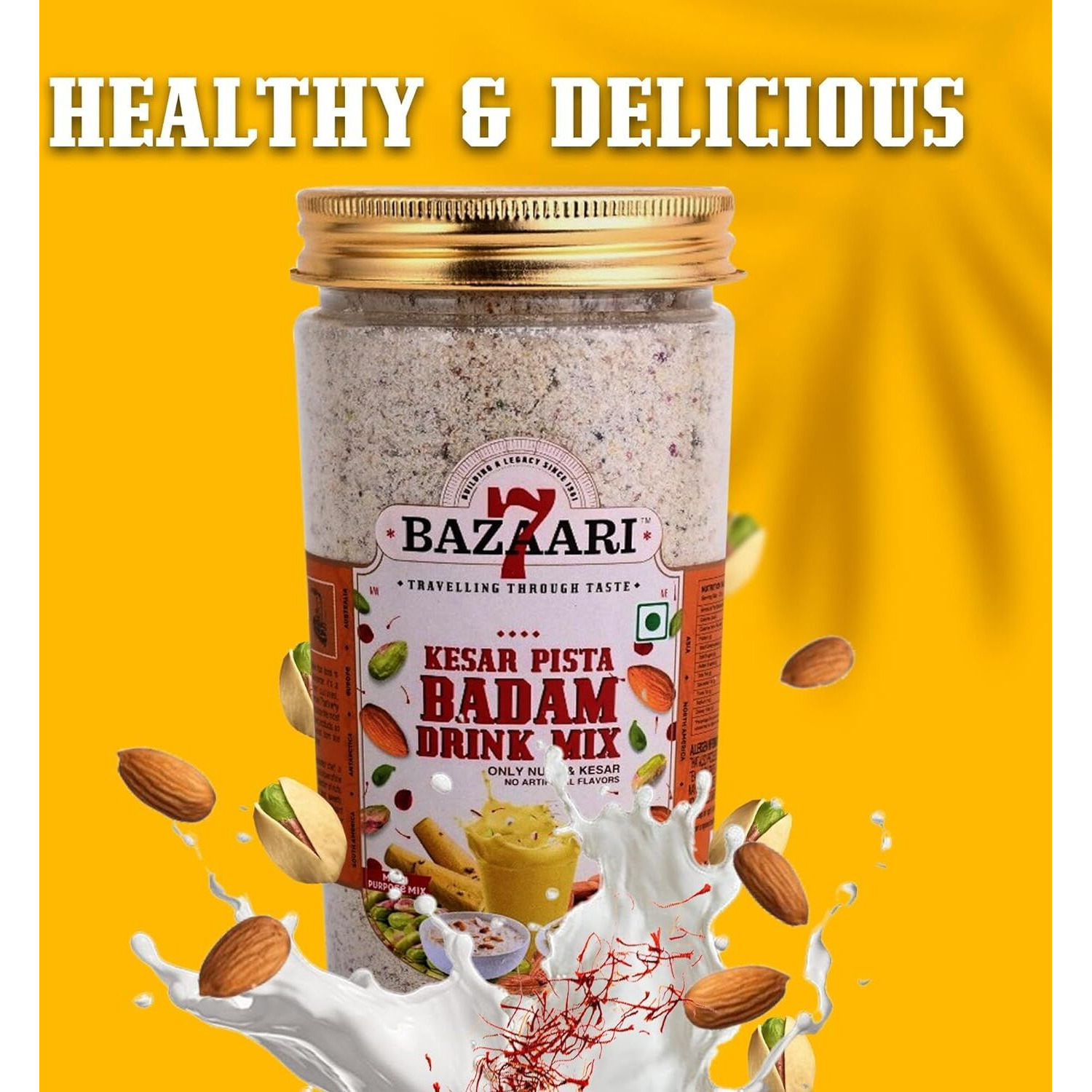 7 BAZAARI Kesar Pista Badam Drink Mix 225G - All Natural Blend of Almonds, Pistachios, Cashews with Saffron & Rose Petals | No Artificial Flavors | Nutritious All-Season Drink for Children | Winter & Summer Beverage | Healthy Traditional Indian Drink (Pack of 2)