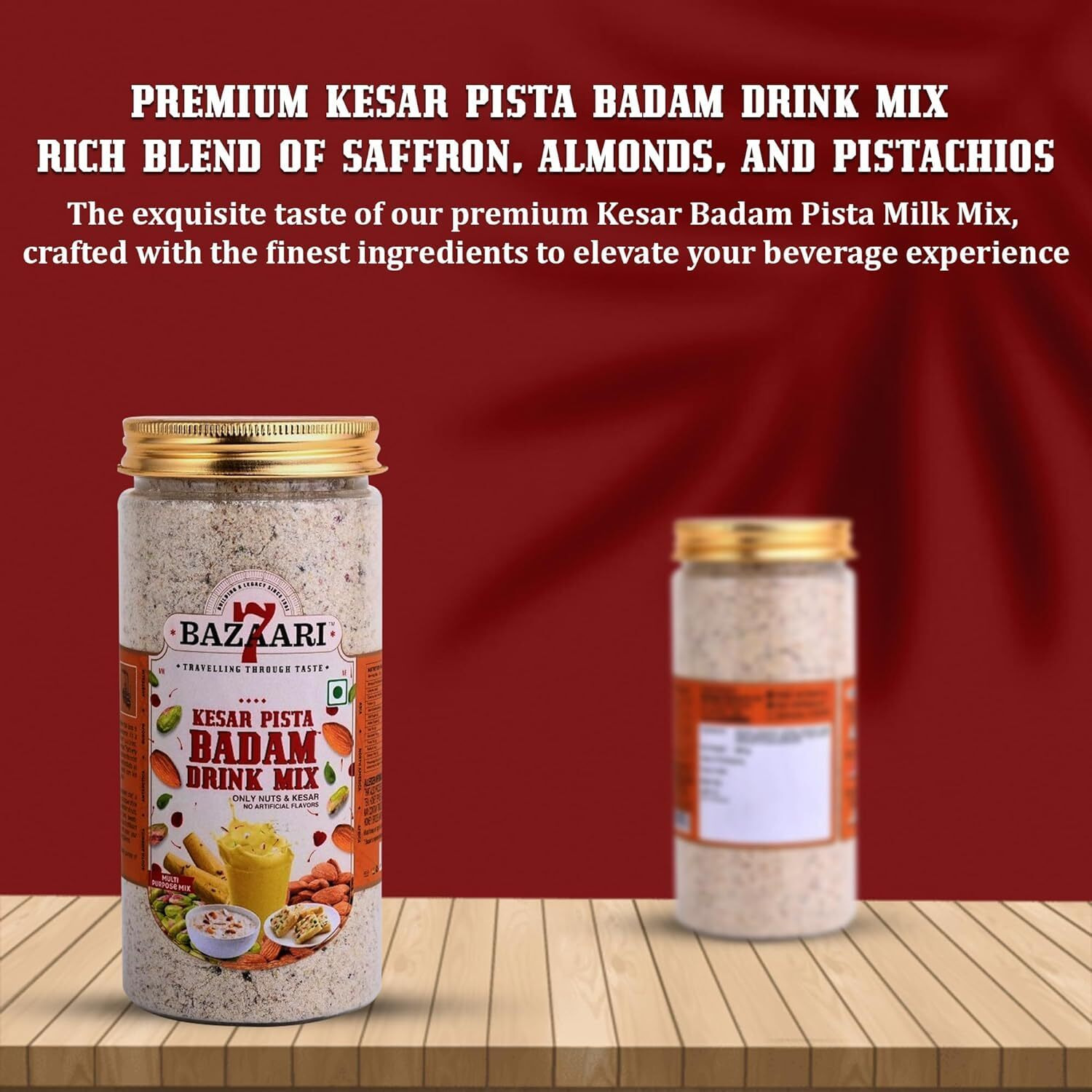 7 BAZAARI Kesar Pista Badam Drink Mix 225G - All Natural Blend of Almonds, Pistachios, Cashews with Saffron & Rose Petals | No Artificial Flavors | Nutritious All-Season Drink for Children | Winter & Summer Beverage | Healthy Traditional Indian Drink (Pack of 2)