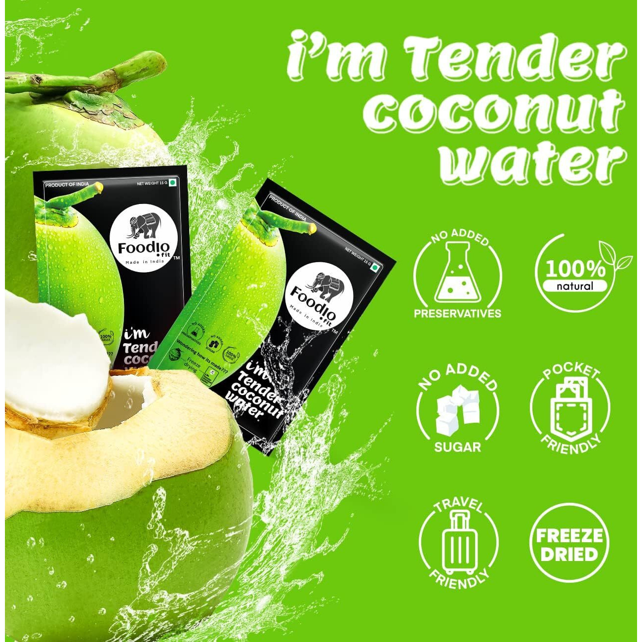 Foodio.fit Tender Coconut Powder Mix | Coconut Water Powder | Nariyal Pani | Rich In Electrolytes Boosts Hydration | Energy Drink (1350G) - Makes 18L Of Coconut Water | Pack Of 9 (1350Gm) | Each 150Gm