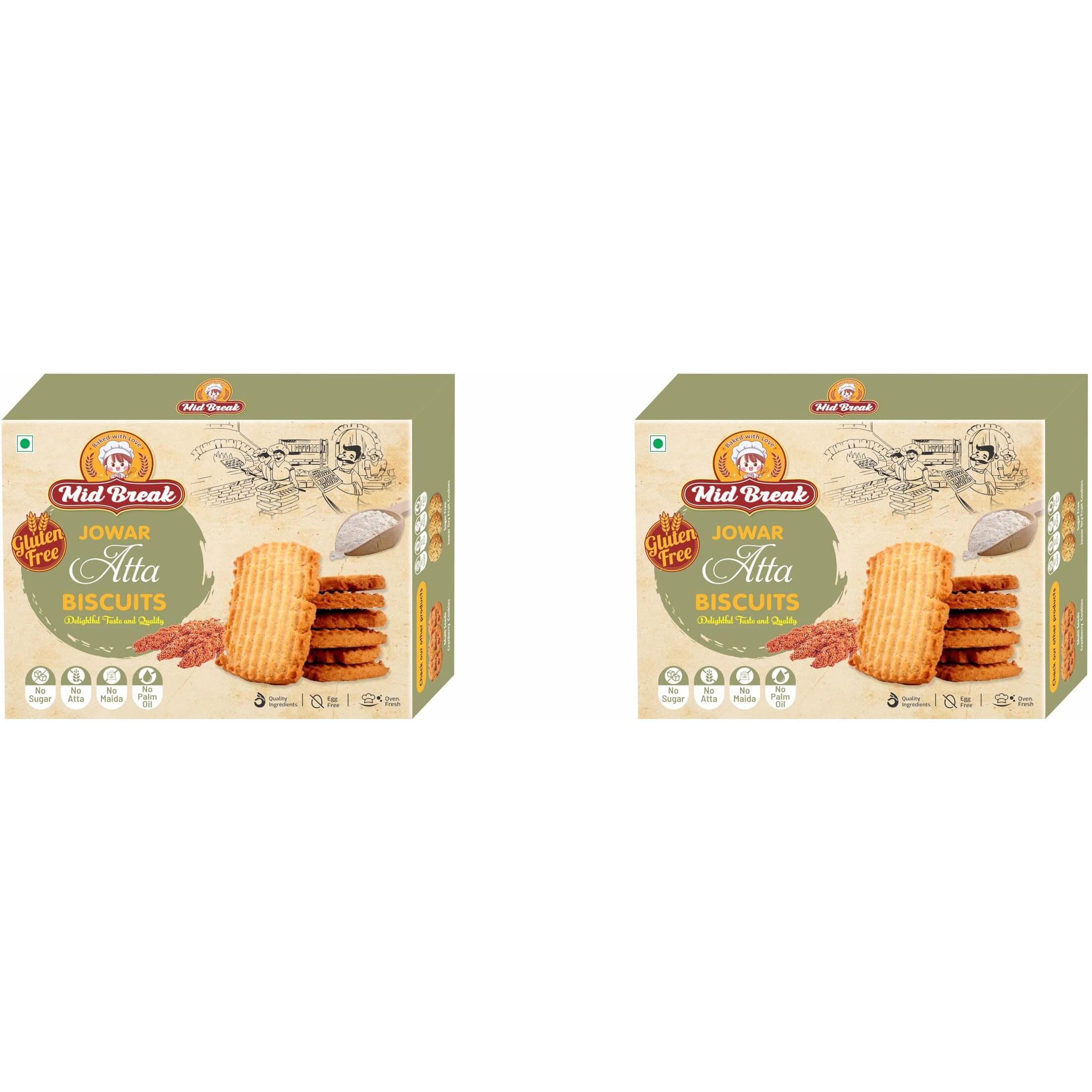 Mid Break Jowar Atta Biscuits | Millets Cookies | Gluten Free | Maida and Egg Free Biscuits Snack With No Added Sugar & Palm Oil | Oven Fresh Biscuits | High In Fiber, Protein & Wholesome Nutrition | 400g | Pack of 2
