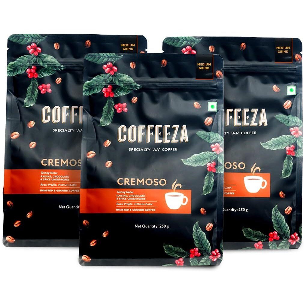 COFFEEZA Cremoso Ground Coffee | Medium Grind (Pour-Over, Aeropress & Filter Coffee) | Premium Grade, Medium_Dark Roasted Ground Coffee | Pack Of 3X 250Gm Packet