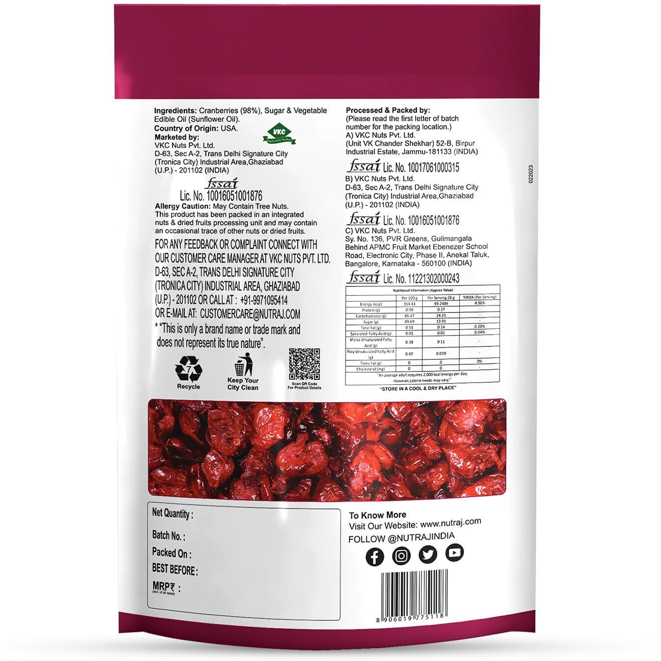 Nutraj Sweet & Tart Sliced American Dried Cranberries 180 Gram (Pack Of 3)