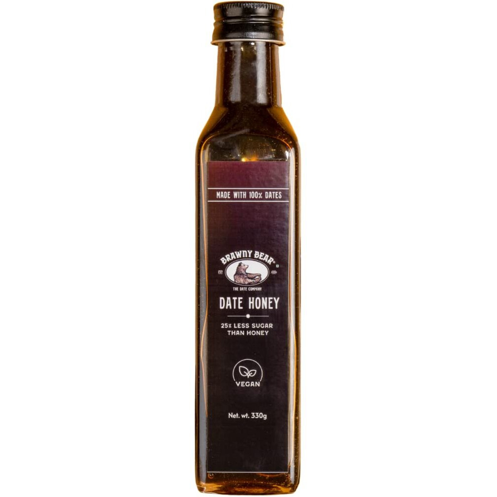 Brawny Bear Date Honey, Healthy Sugar Substitute, 100% Natural Arabian Date Syrup with No Added Sugar & Preservatives, Vegan, Natural Sweetener for Toppings, Baking, Cooking- Pack of 2 (330gm each)