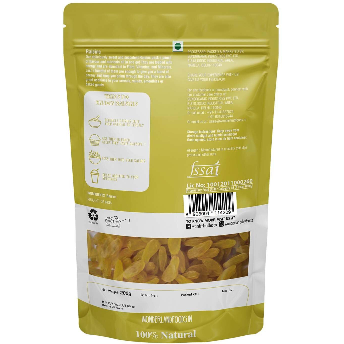 WONDERLAND FOODS Plain Green Raisin (Kishmish) Dried Grapes 400g (200g X 2) Pouch