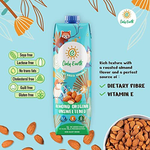 Only Earth Almond Drink | Unsweetened | Lactose-Free | Preservatives Free | Made with Natural Almond Paste | Source of Calcium | Contains Vitamin D,E,B1,B2 & B12 | Dairy Alternative | Cholesterol Free | Plant-Based Alternative | Barista Edition 1L (Pack of 2)