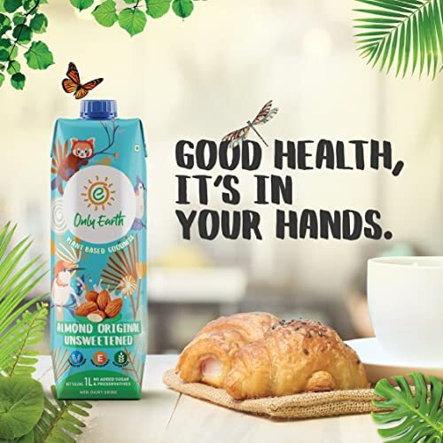 Only Earth Almond Drink | Unsweetened | Lactose-Free | Preservatives Free | Made with Natural Almond Paste | Source of Calcium | Contains Vitamin D,E,B1,B2 & B12 | Dairy Alternative | Cholesterol Free | Plant-Based Alternative | Barista Edition 1L (Pack of 2)