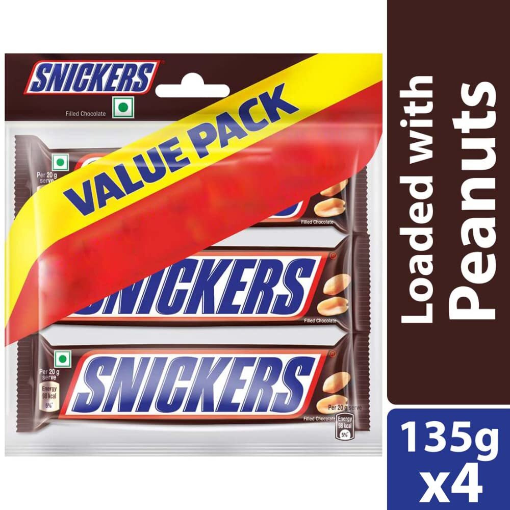 Snickers Peanut Filled Chocolate Value Pack | 3 Peanut Chocolate Bars | Loaded with Roasted Peanuts, Nougat & Caramel Delight | Imported Chocolate | Pack of 4 - 135 gram