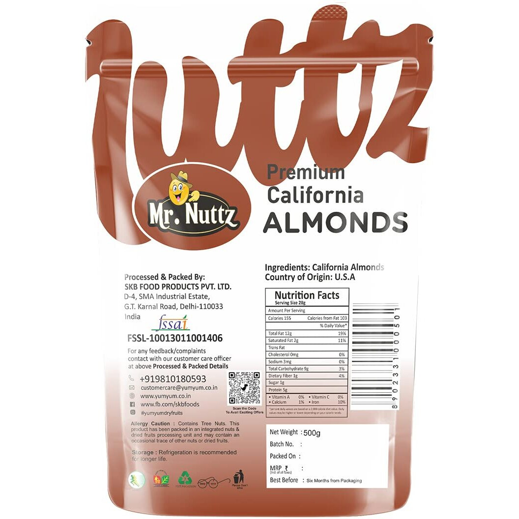 Mr.Nuttz 100% Natural Premium California Raw Almonds 1kg (Pack Of 2-500g Each Pouch) | Premium Badam Giri | High in Fiber & Boost Immunity | Real Nuts | Gluten Free