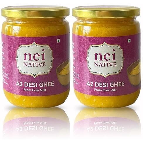 NeiNative A2 Ghee Bilona Method Ghee- A2 Cow Desi Ghee - A2 Cow Ghee Pure Cultured Desi Cow Ghee- Pure Ghee-Glass Bottle Bilona Ghee - Better Digestion and Immunity (500 ML (Pack of 2))