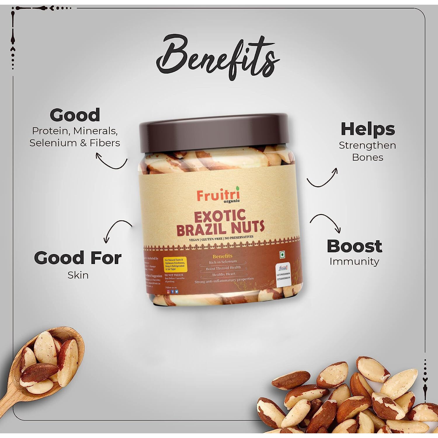 Fruitri Premium Brazilian Nuts 200g, Rich in Selenium and Magnesium, Handpicked Exotic Brazil nuts dry fruits, Jar pack