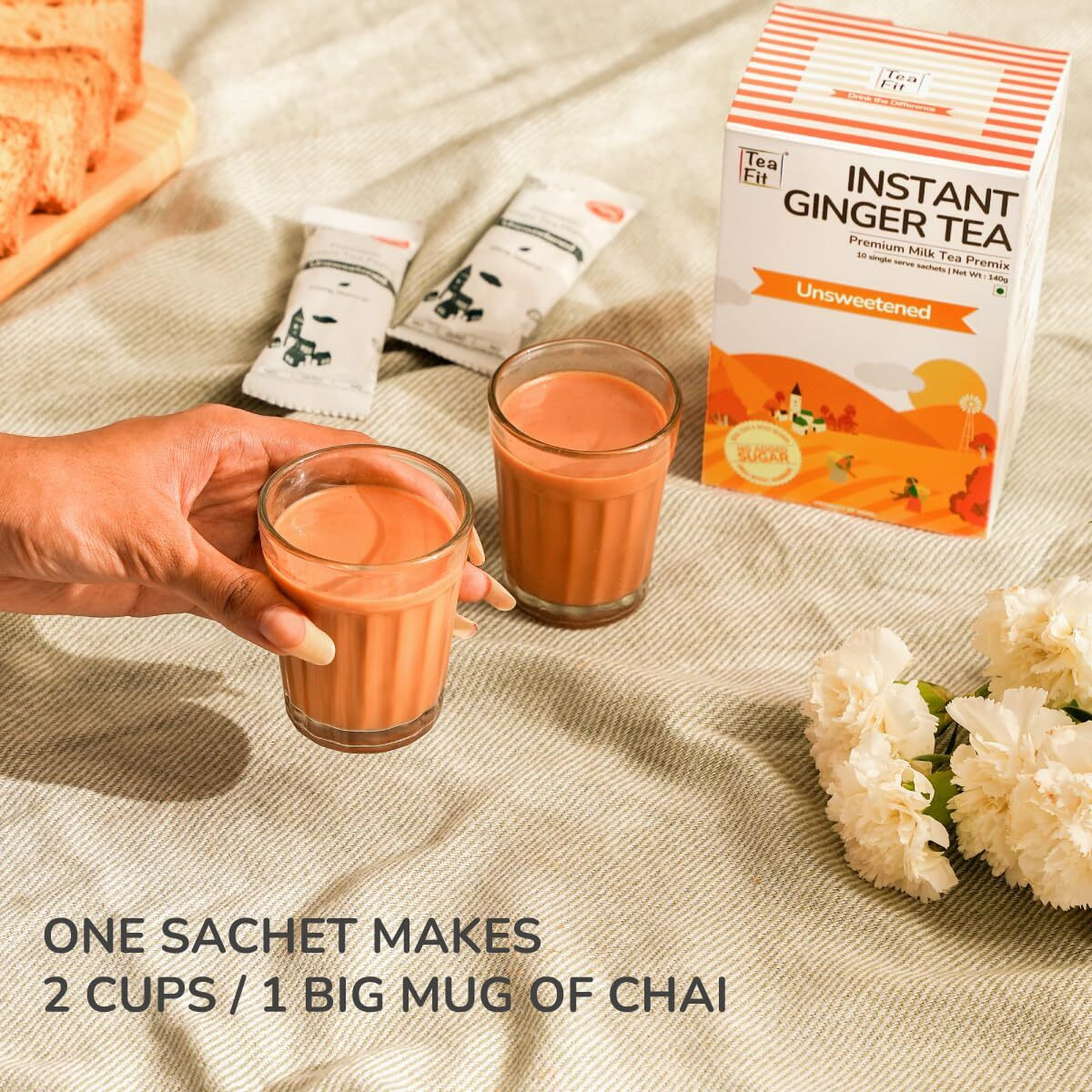 TeaFit Premium Zero Sugar Instant Ginger Tea Pack of 50 Sachets (700gm) | Ginger Tea Premix | Diabetic Friendly | Instant Milk Tea Premix | Ready to Drink | Instant Tea Premix | Tea Powder