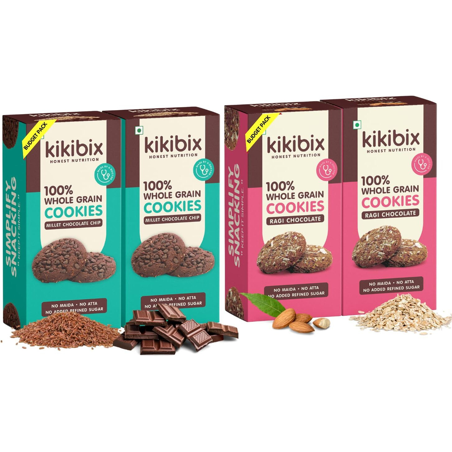 Kikibix Ragi Almond & Chocolate Cookies Combo | No Maida, No Refined Sugar | Tasty & Healthy Snacks | With Millets & Organic Jaggery | Multi-Grain, Protein Digestive Biscuit | 130 gm x Pack of 4