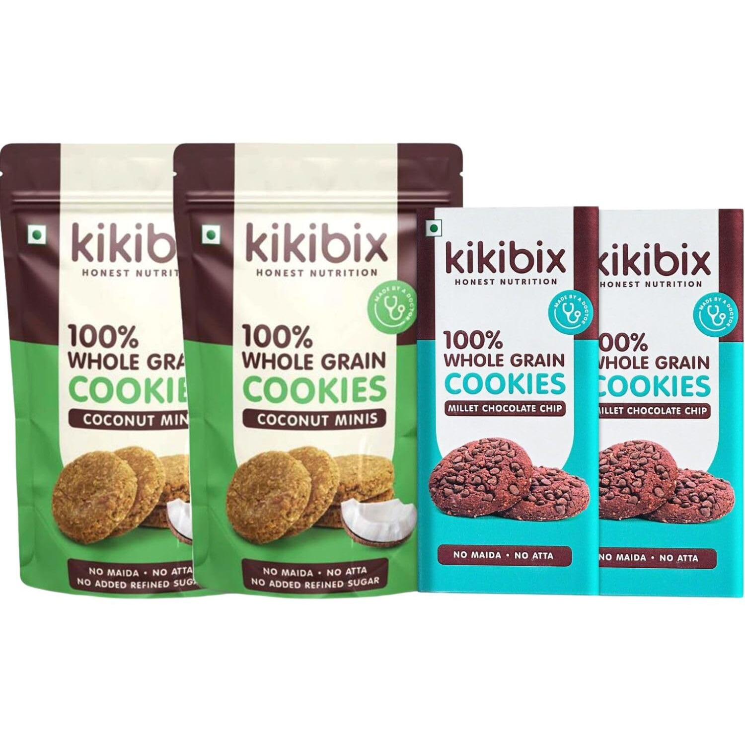 KIKIBIX Coconut & Choco Chips Cookies Combo | No Maida, No Refined Sugar | With Millets, Jowar & Organic Jaggery | Multi-Grain, Protein Digestive Biscuit | (130 Gm X 2 + 80 Gm X 2)