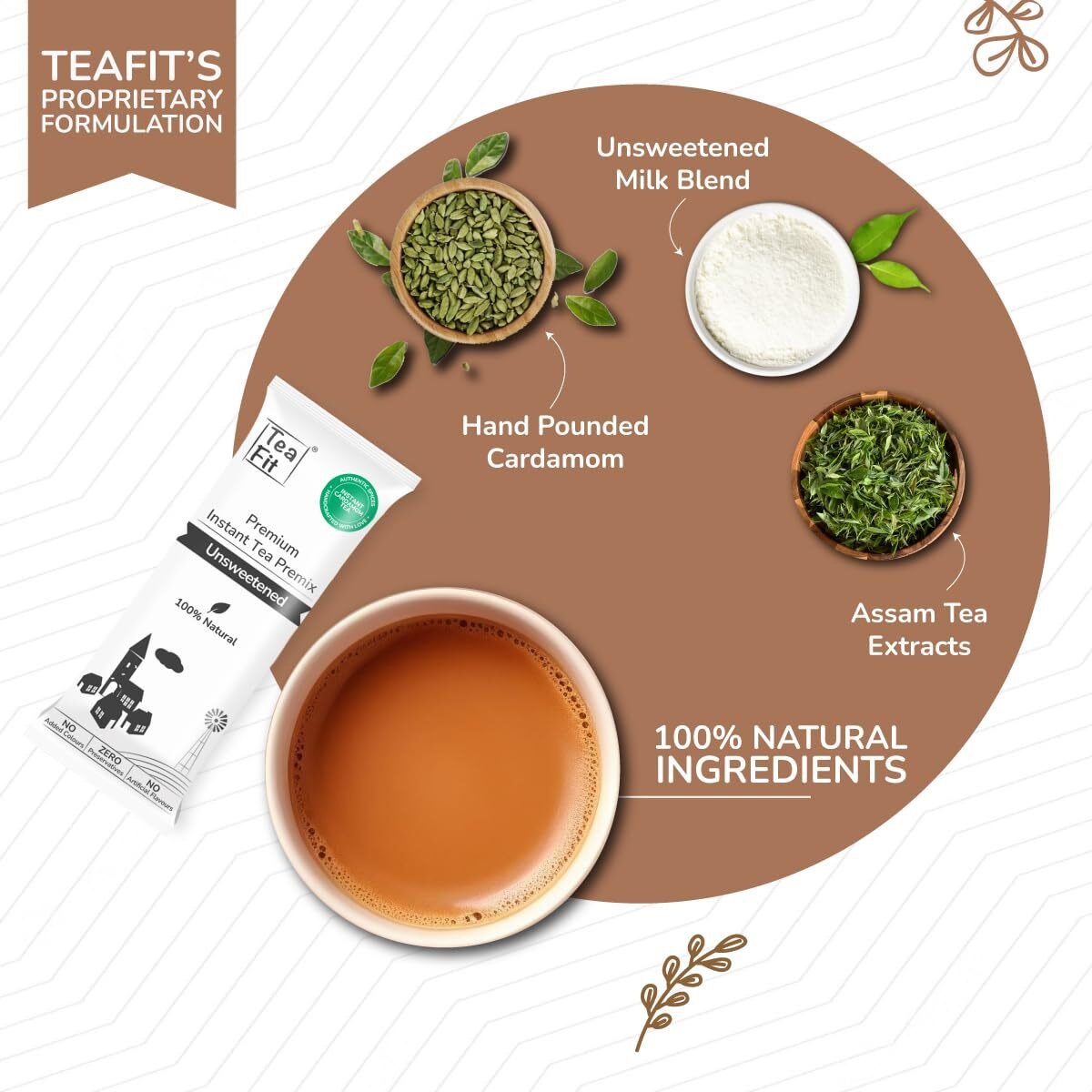TeaFit Premium Zero Sugar Instant Cardamom Tea Pack of 50 Sachets (700gm) | Cardamom Tea Premix | Diabetic Friendly | Instant Milk Tea Premix | Ready to Drink | Instant Tea Premix | Tea Powder