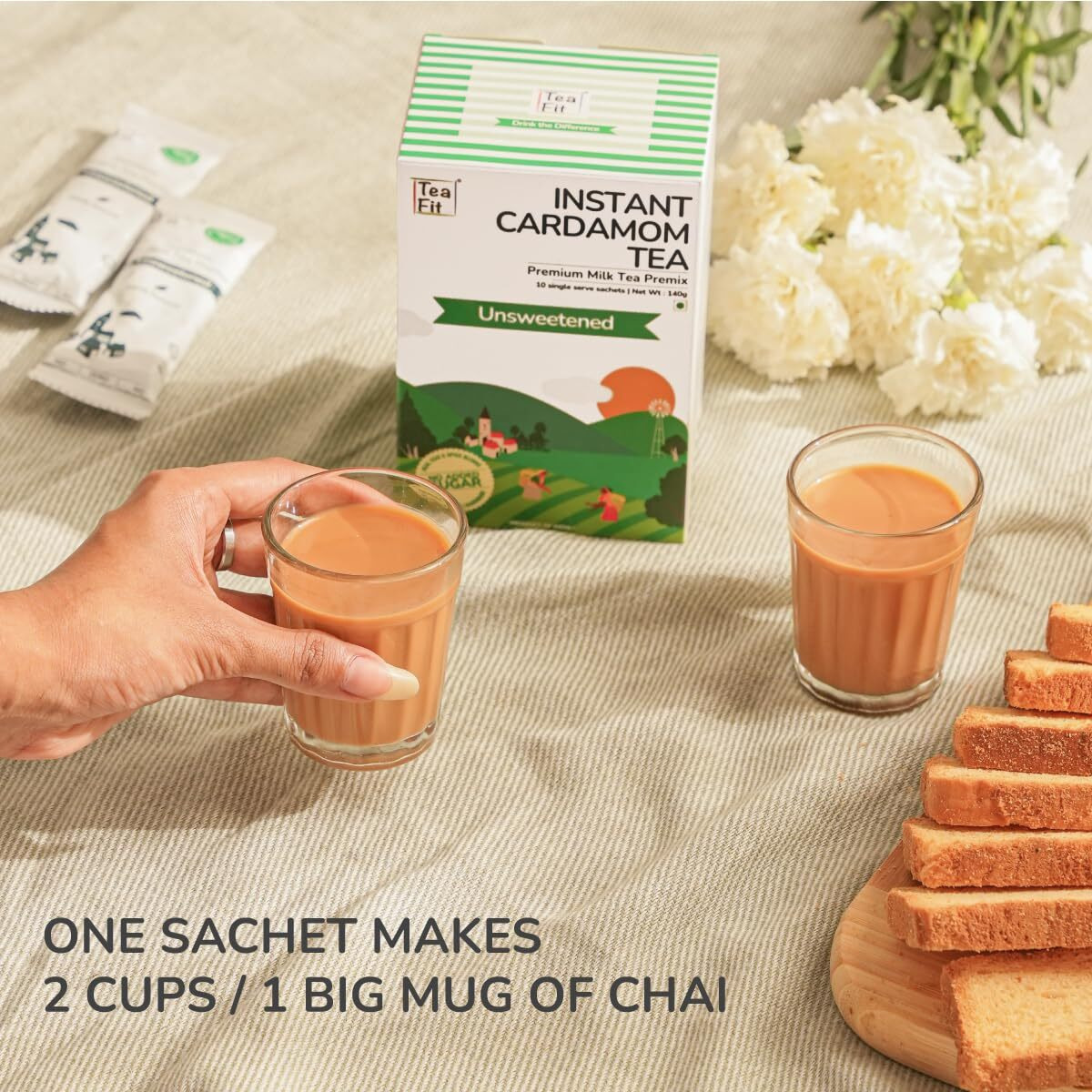 TeaFit Premium Zero Sugar Instant Cardamom Tea Pack of 50 Sachets (700gm) | Cardamom Tea Premix | Diabetic Friendly | Instant Milk Tea Premix | Ready to Drink | Instant Tea Premix | Tea Powder