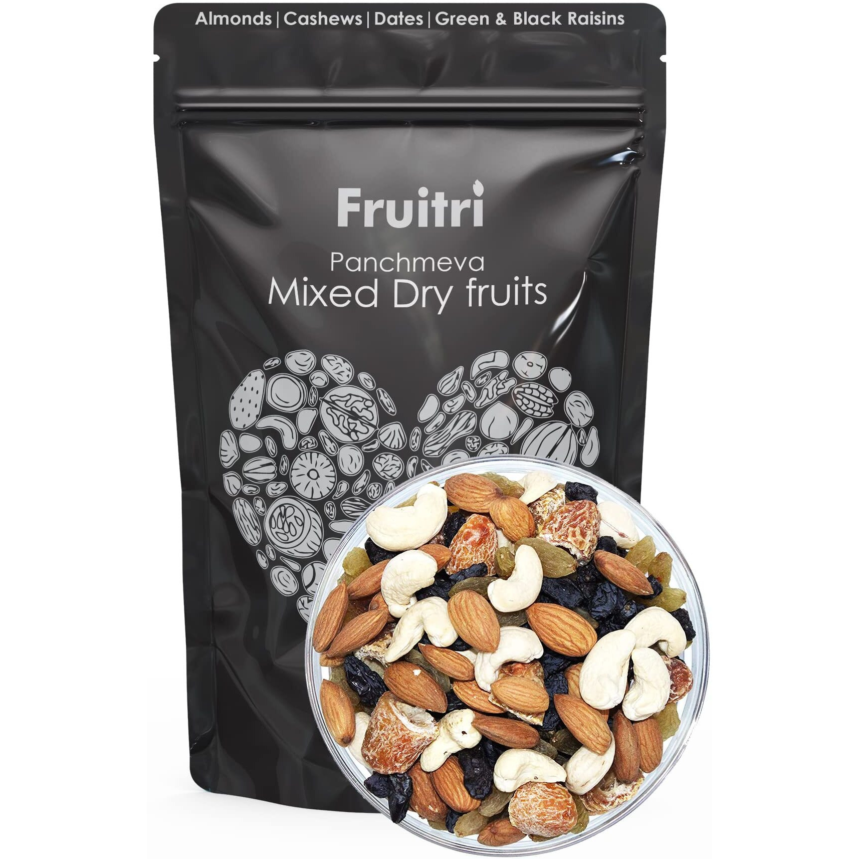 Fruitri Panchmeva Mixed Dry Fruits 200g -, Healthy Trail Mix dry fruits combo pack contains Almond, Cashew, Dates, Green and Black Raisins, Superfood Nuts and dry fruits