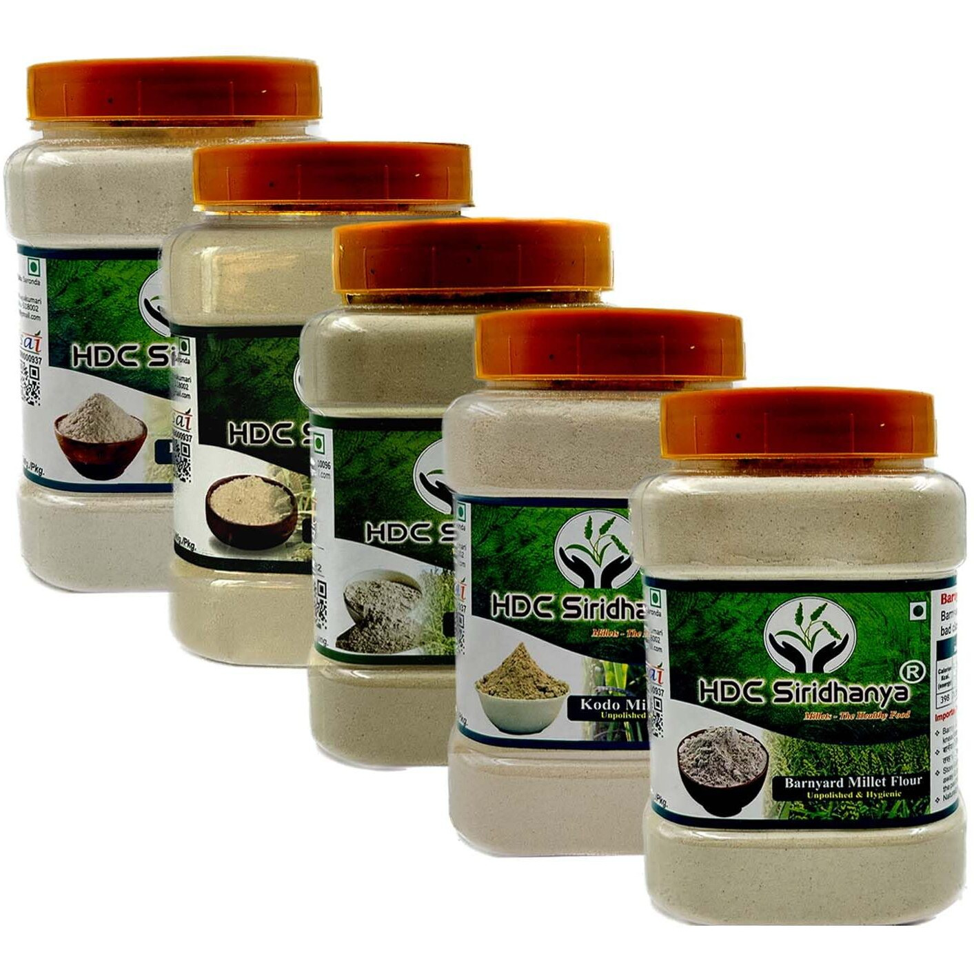HDC Siridhanya Unpolised and organic five positive millets Flour Combo Pack of 5, [Kodo, Foxtail, Browntop Barnyard, and Little Millet]700gm Each packed in jar