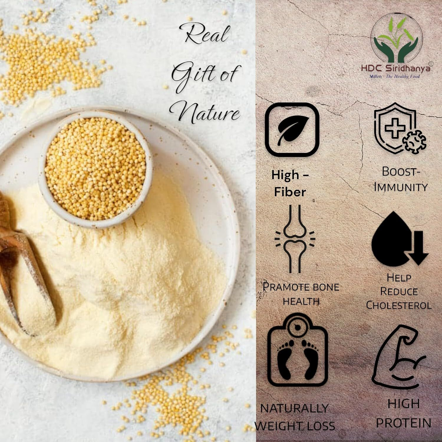 HDC Siridhanya Unpolised and organic five positive millets Flour Combo Pack of 5, [Kodo, Foxtail, Browntop Barnyard, and Little Millet]700gm Each packed in jar