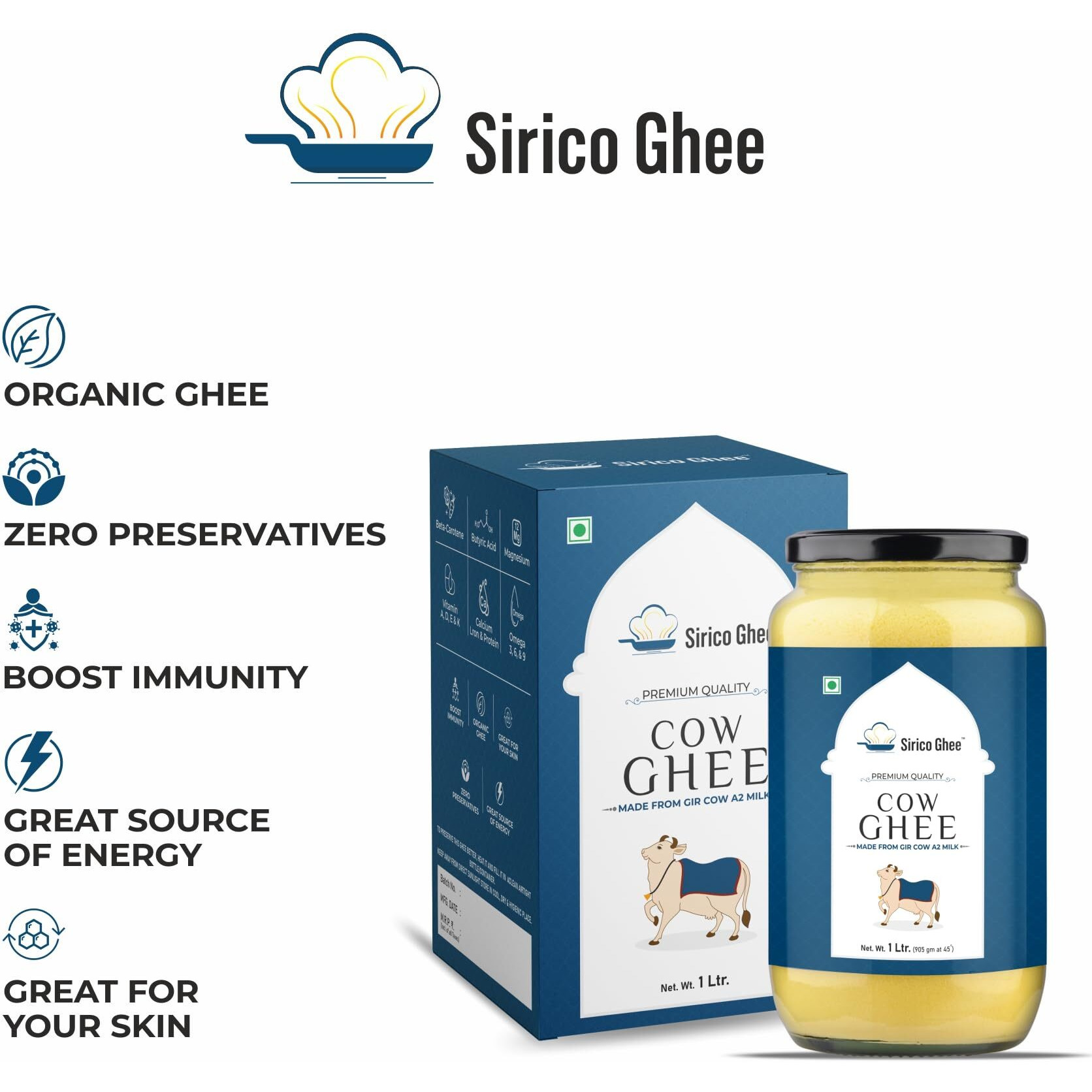 SIRICO GHEE Divine Delight Premium A-2 Gir Cow Ghee For Health And Wellness No Added Color And Preservatives, No Added Fragrance (1Ltr), 400 Grams