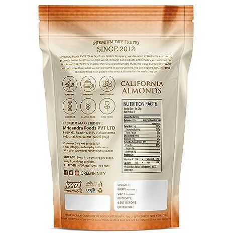 GreenFinity 100% Natural Premium Californian Whole Almonds Value Pack Pouch, 500G