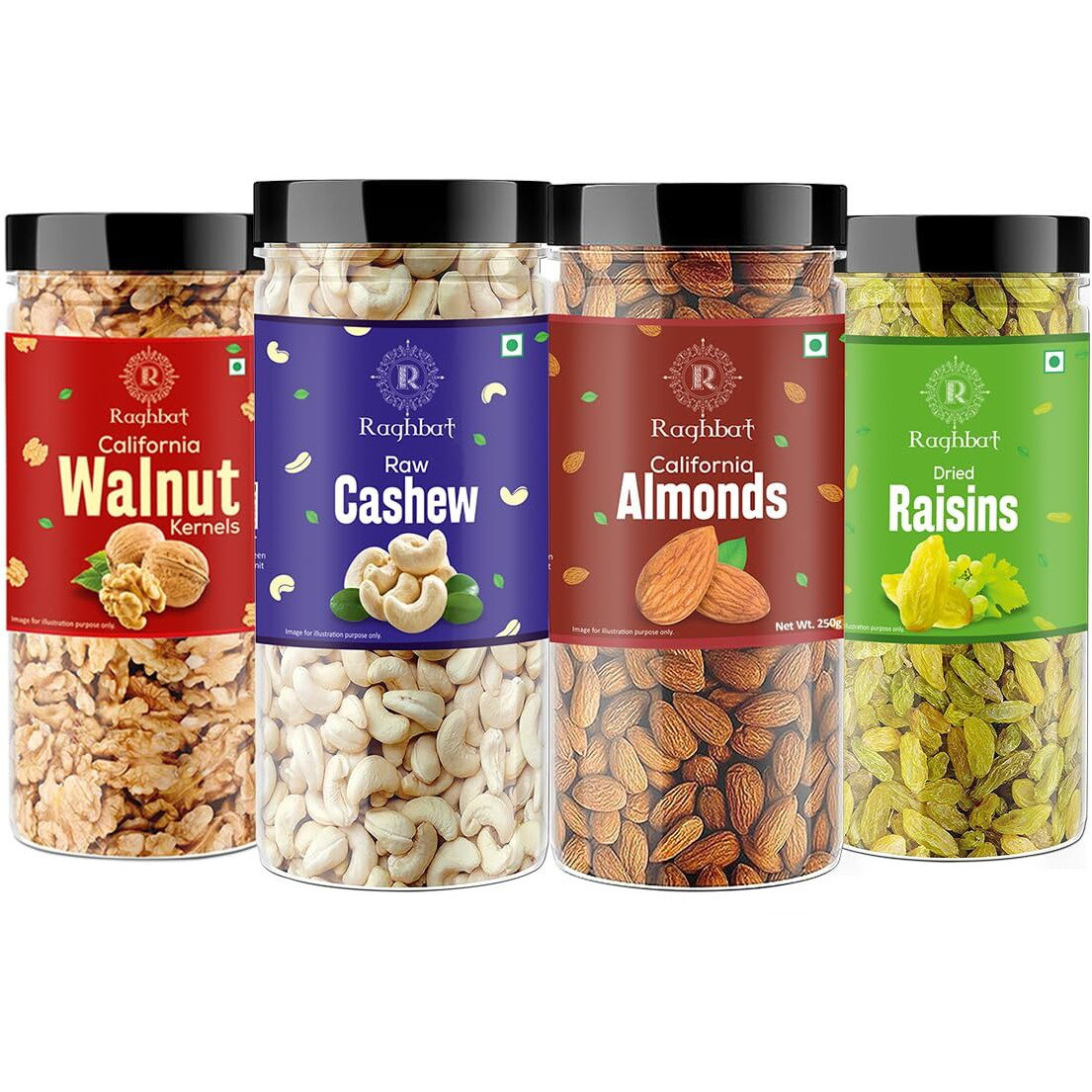 Raghbat Dry fruits 1kg combo pack of Almonds, Cashew, Raisins & Walnut Kernels 250g Each Almonds, Cashews, Raisins, Walnuts