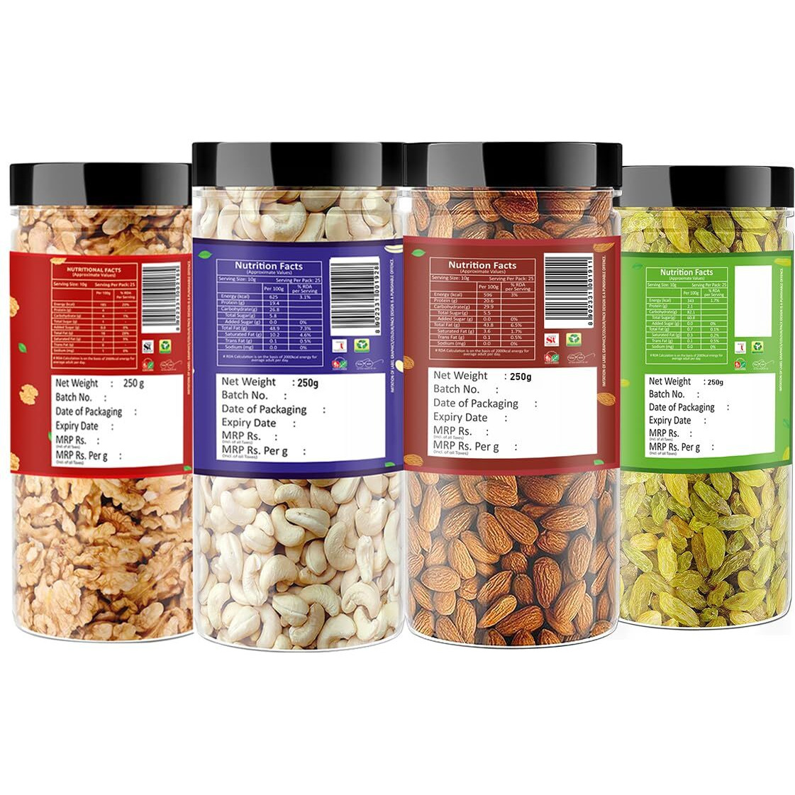 Raghbat Dry fruits 1kg combo pack of Almonds, Cashew, Raisins & Walnut Kernels 250g Each Almonds, Cashews, Raisins, Walnuts