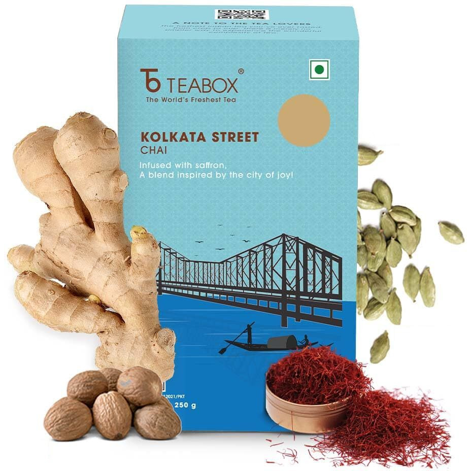 Teabox Kolkata Street Chai | Reminiscent Of The City Of Joy | Rich & Delectable, Blended With Saffron, Cardamom, Nutmeg & Ginger Exquisite Aromas Of Saffron, 250 Grams, Granules