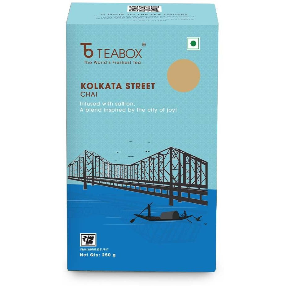 Teabox Kolkata Street Chai | Reminiscent Of The City Of Joy | Rich & Delectable, Blended With Saffron, Cardamom, Nutmeg & Ginger Exquisite Aromas Of Saffron, 250 Grams, Granules