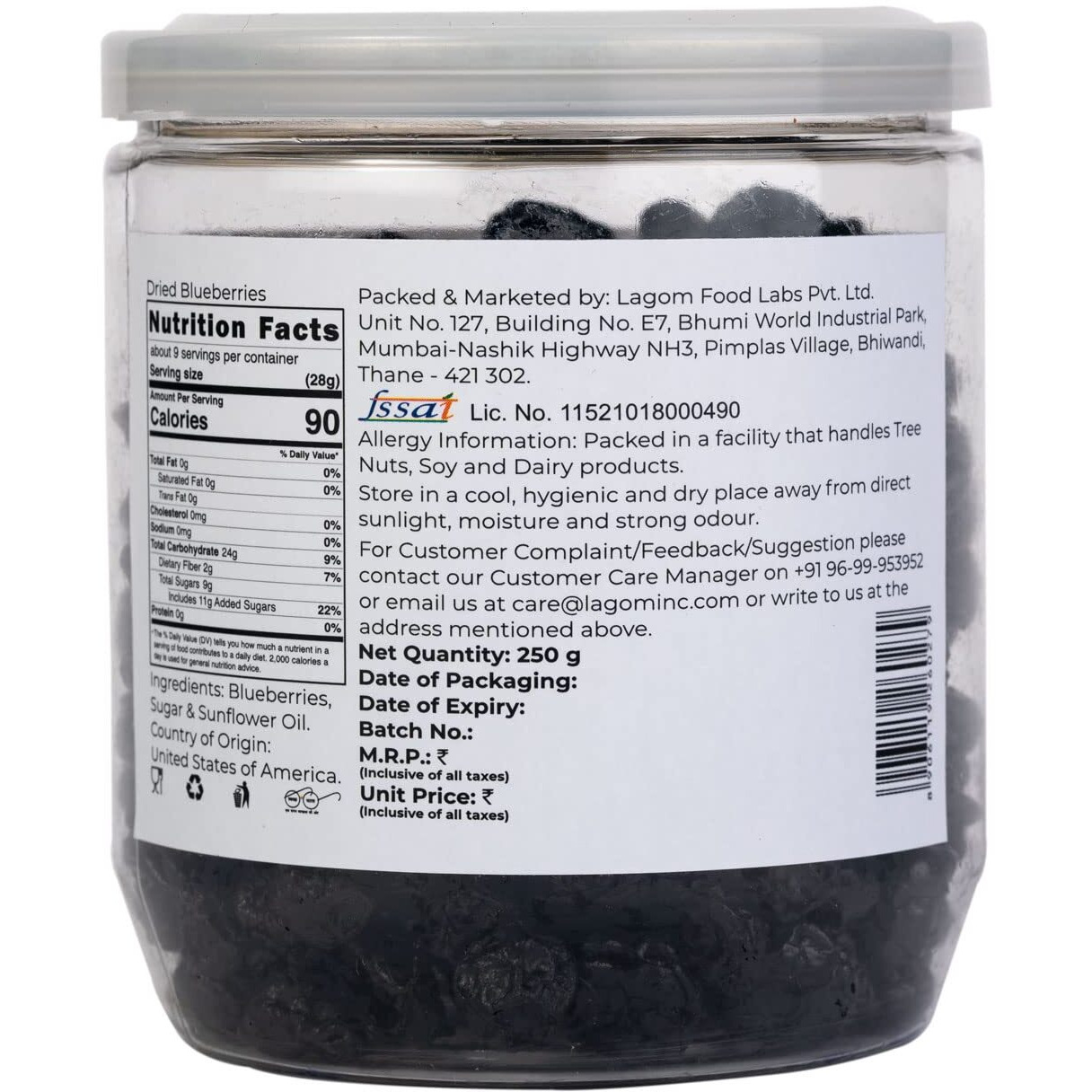 Lagom Gourmet Dried Blueberry 250g | Gluten Free | Vegan | Plant Based | Non GMO | Blueberry Dry Fruit