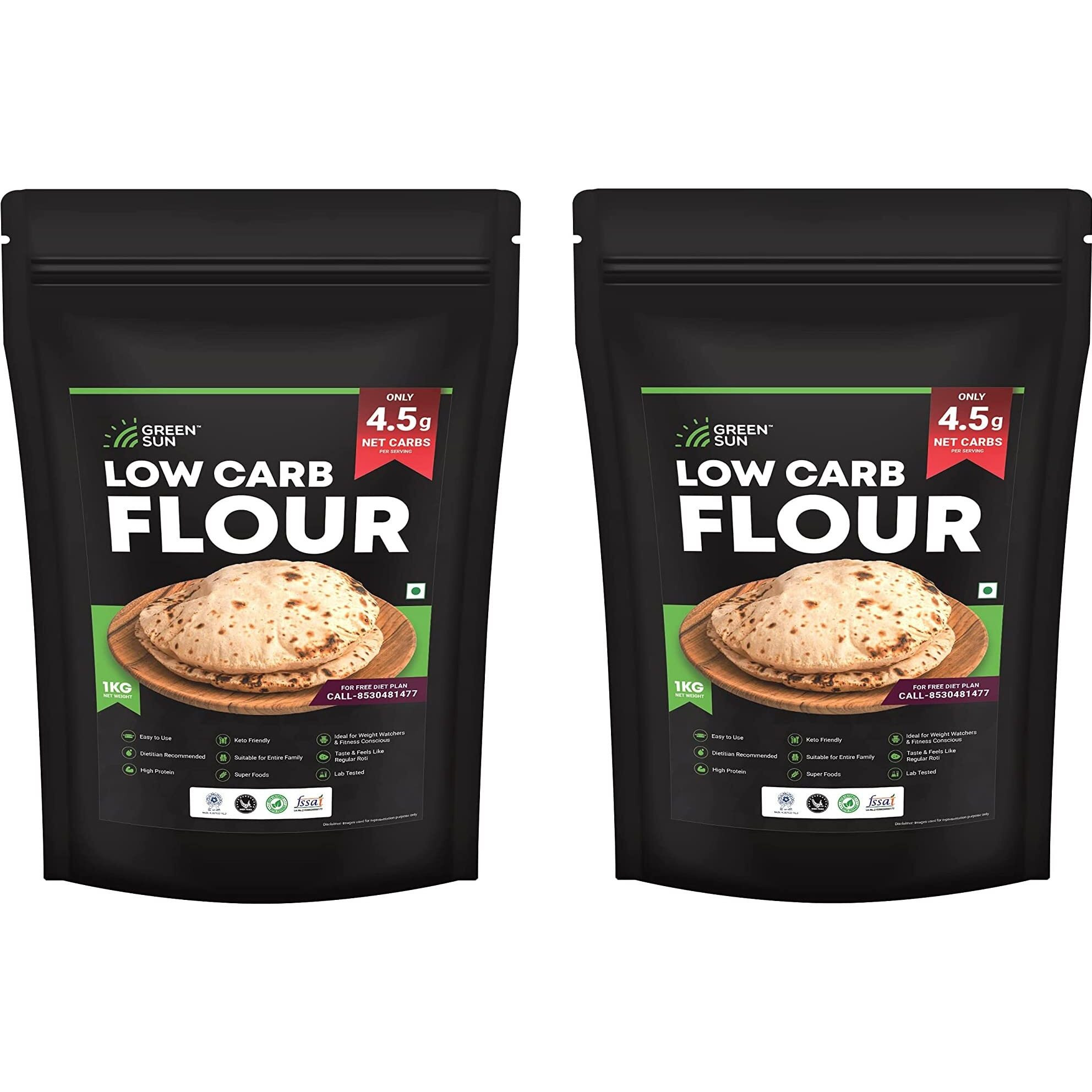 Green Sun Low Carb Flour |Pack of 2 | Only 4.5 g Net Carbs Per Roti | Tasty & Easy to Make | Keto Friendly | Healthy Atta| High Fiber | High Protein