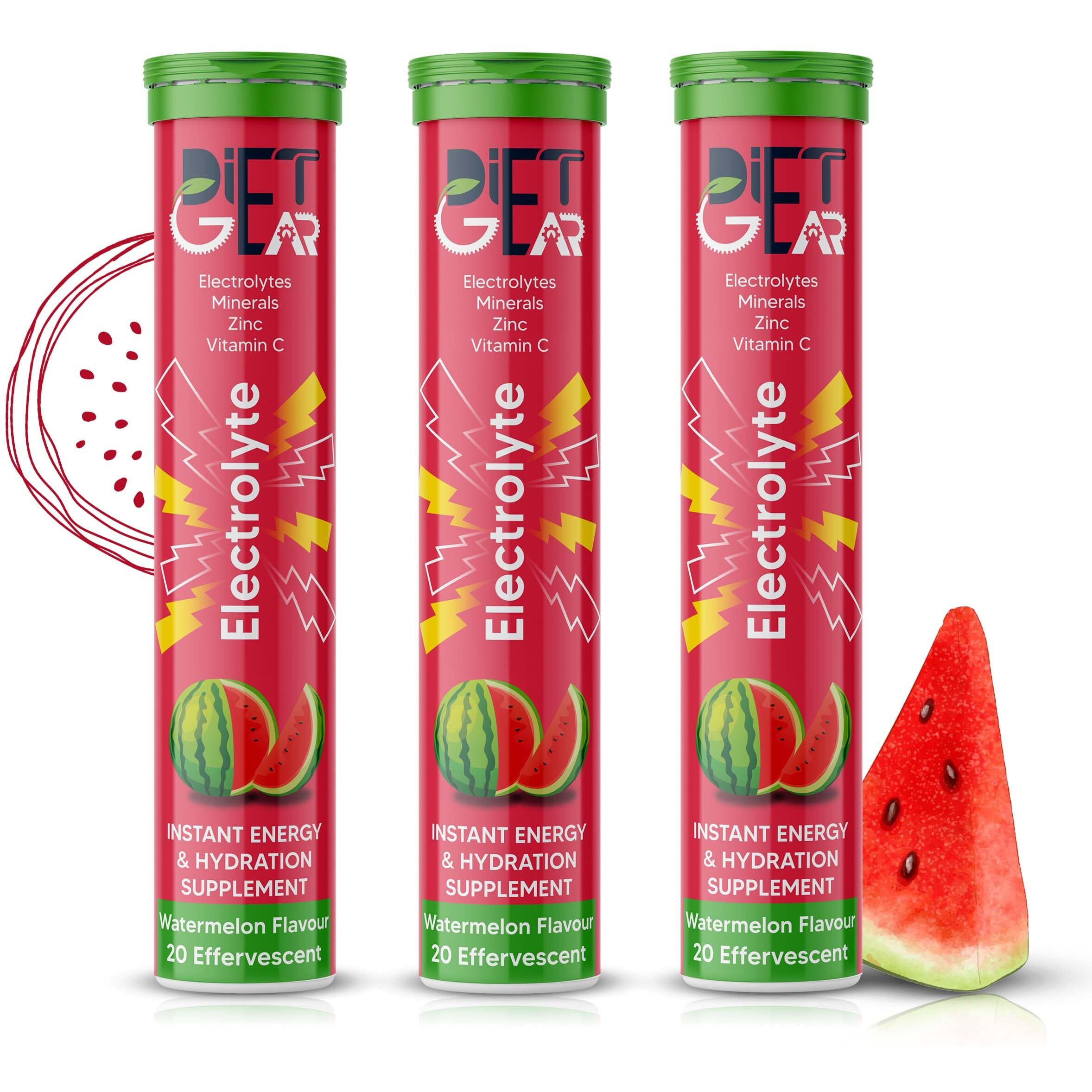 DIET GEAR Energy Drink Electrolytes 80 Effervescent Tablets (20 litre) Zero Sugar, Zero Caffeine| 7 Essential Electrolyte Salts (Na, K, Mg, Ca, Cl, Zn) + Vitamin C | Watermelon