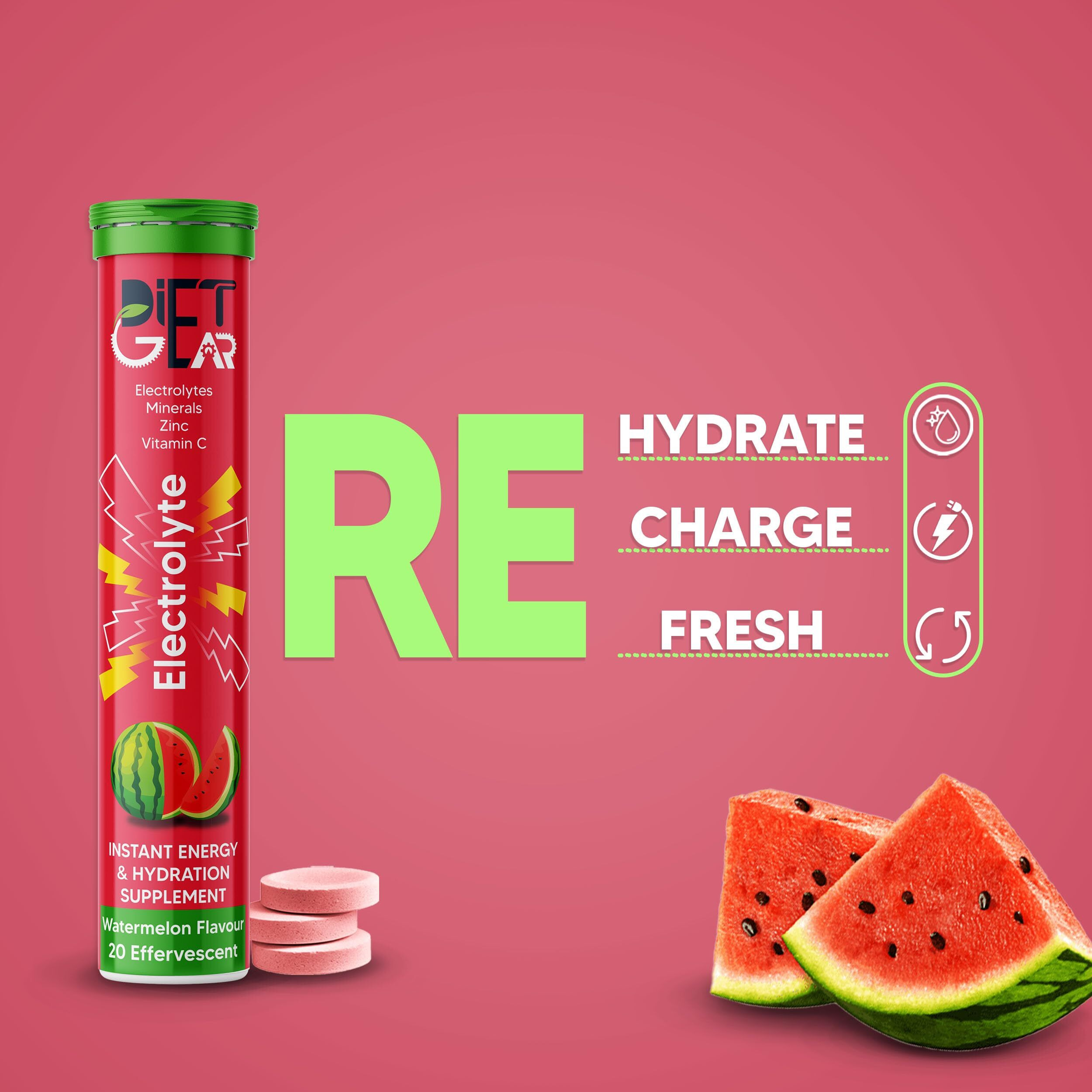 DIET GEAR Energy Drink Electrolytes 80 Effervescent Tablets (20 litre) Zero Sugar, Zero Caffeine| 7 Essential Electrolyte Salts (Na, K, Mg, Ca, Cl, Zn) + Vitamin C | Watermelon