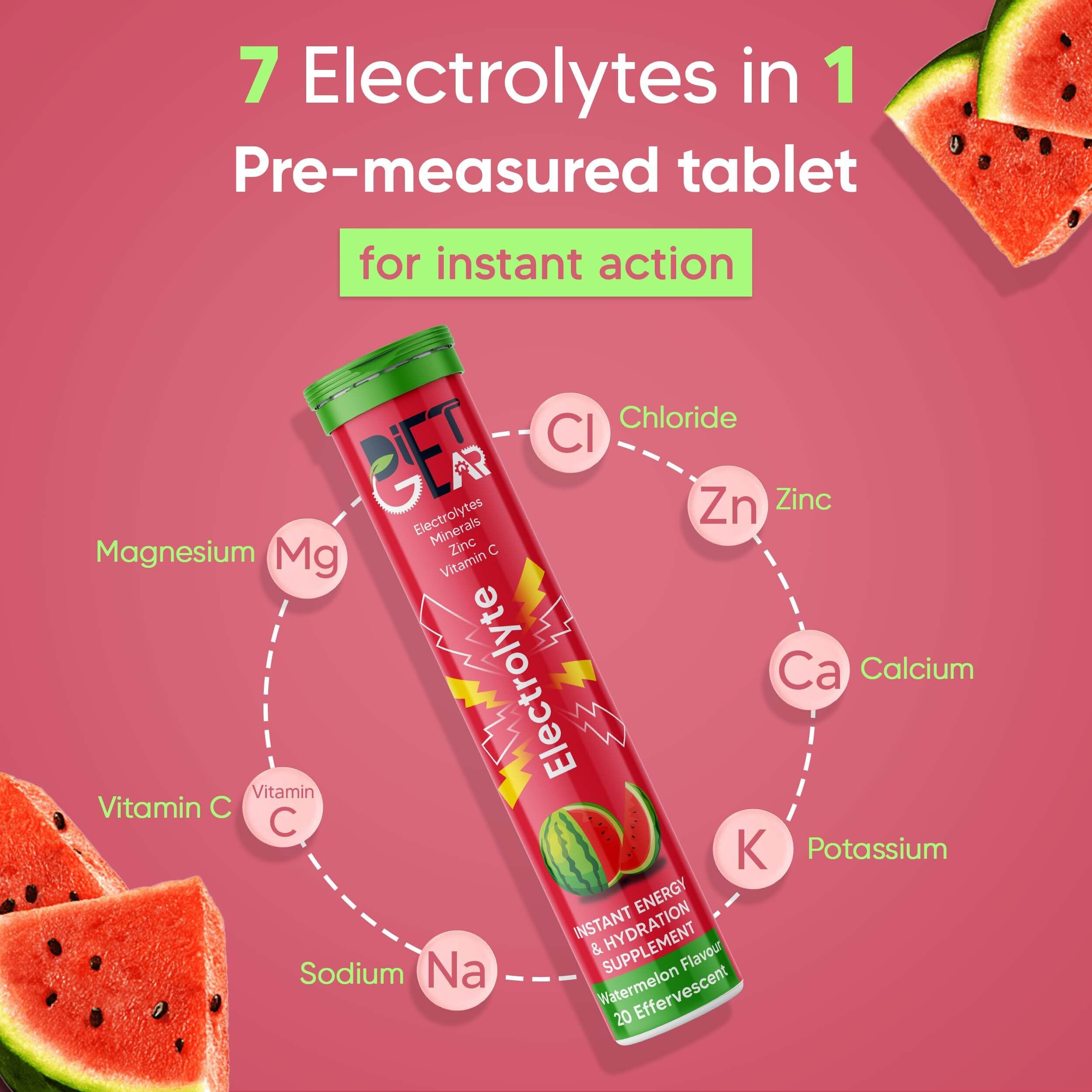 DIET GEAR Energy Drink Electrolytes 80 Effervescent Tablets (20 litre) Zero Sugar, Zero Caffeine| 7 Essential Electrolyte Salts (Na, K, Mg, Ca, Cl, Zn) + Vitamin C | Watermelon