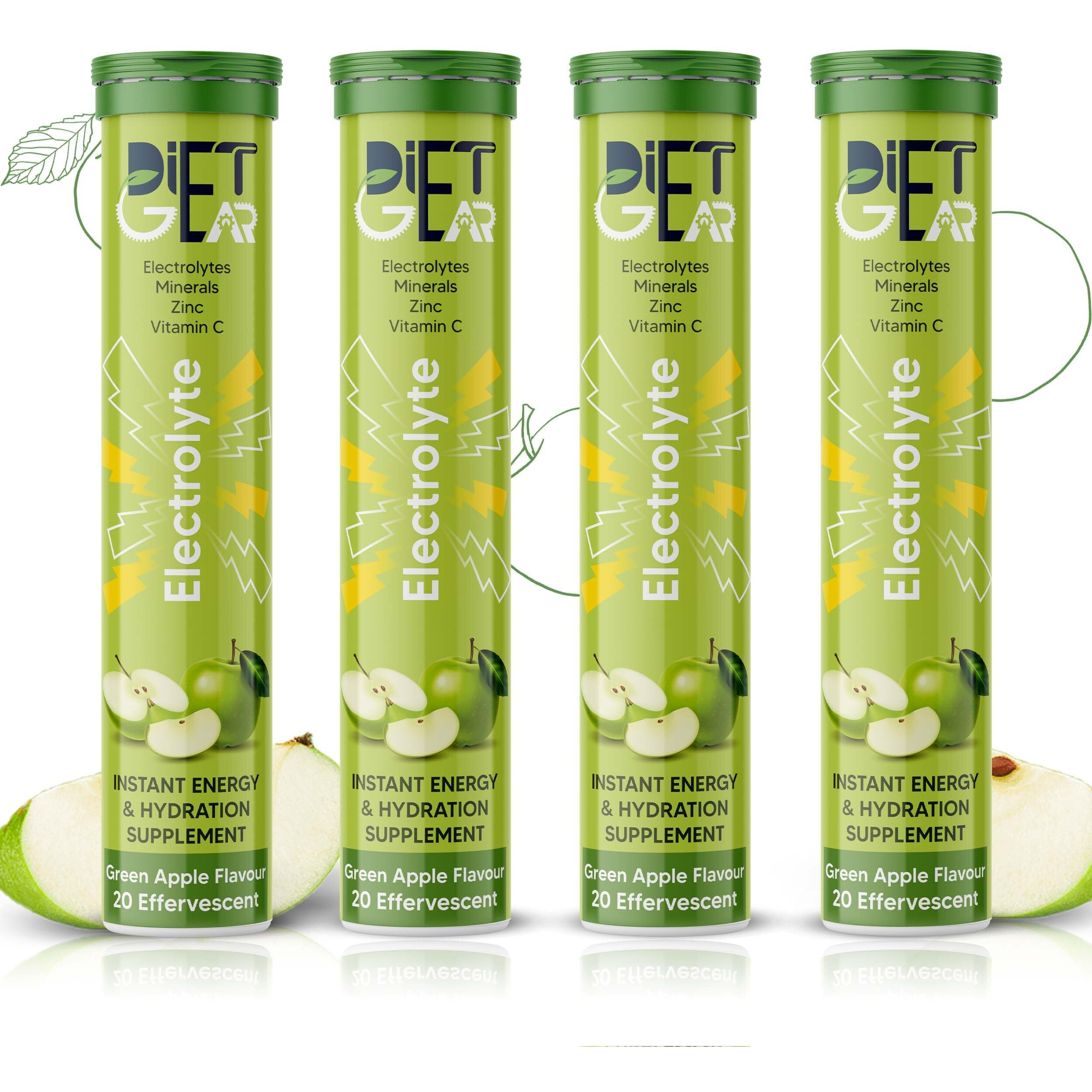 DIET GEAR Energy Drink Electrolytes 80 Effervescent Tablets (20 litre) Zero Sugar, Zero Caffeine| 7 Essential Electrolyte Salts (Na, K, Mg, Ca, Cl, Zn) + Vitamin C | Green Apple