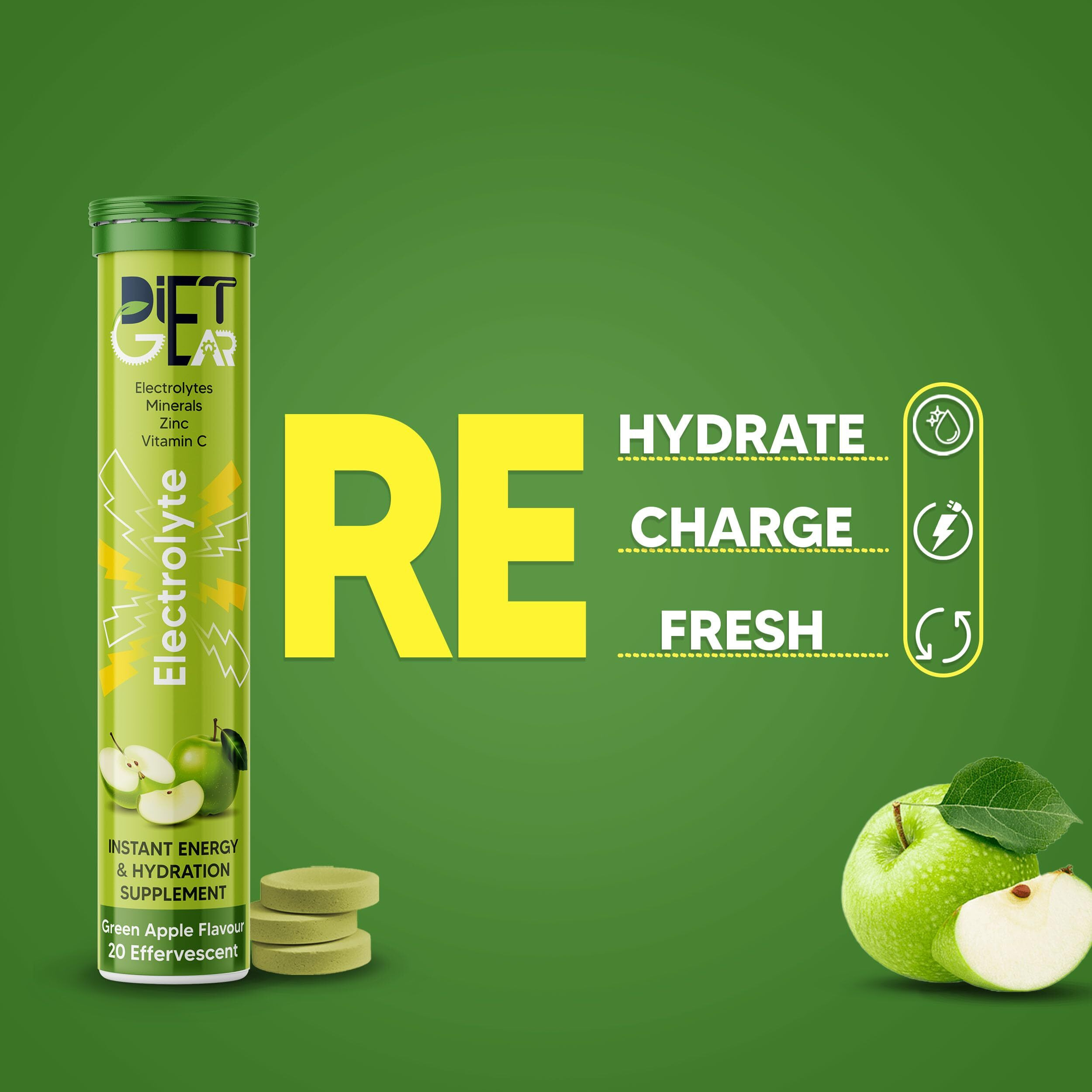 DIET GEAR Energy Drink Electrolytes 80 Effervescent Tablets (20 litre) Zero Sugar, Zero Caffeine| 7 Essential Electrolyte Salts (Na, K, Mg, Ca, Cl, Zn) + Vitamin C | Green Apple