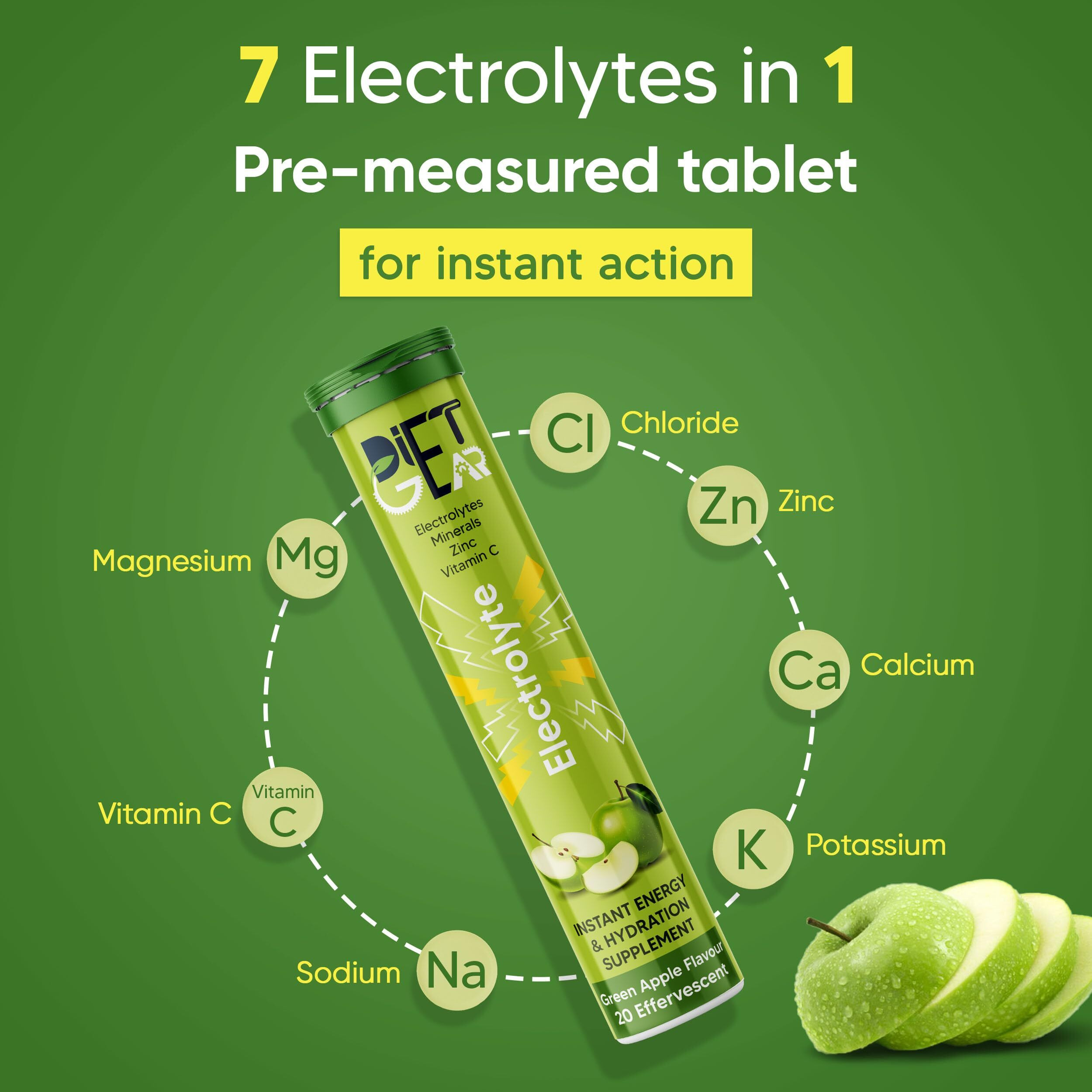 DIET GEAR Energy Drink Electrolytes 80 Effervescent Tablets (20 litre) Zero Sugar, Zero Caffeine| 7 Essential Electrolyte Salts (Na, K, Mg, Ca, Cl, Zn) + Vitamin C | Green Apple