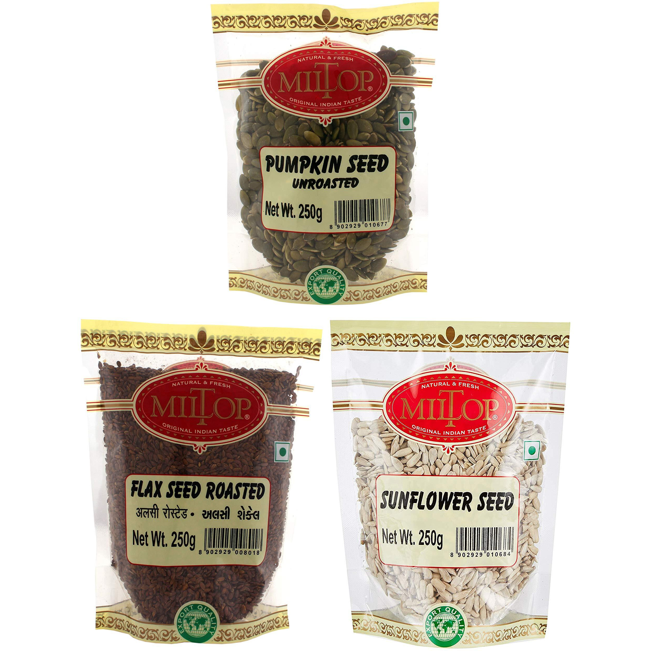 Miltop Super Seeds Combo - Pumpkin Seed (250gm), Sunflower Seed (250gm) and Flax Alsi Roasted Seed (250gm)