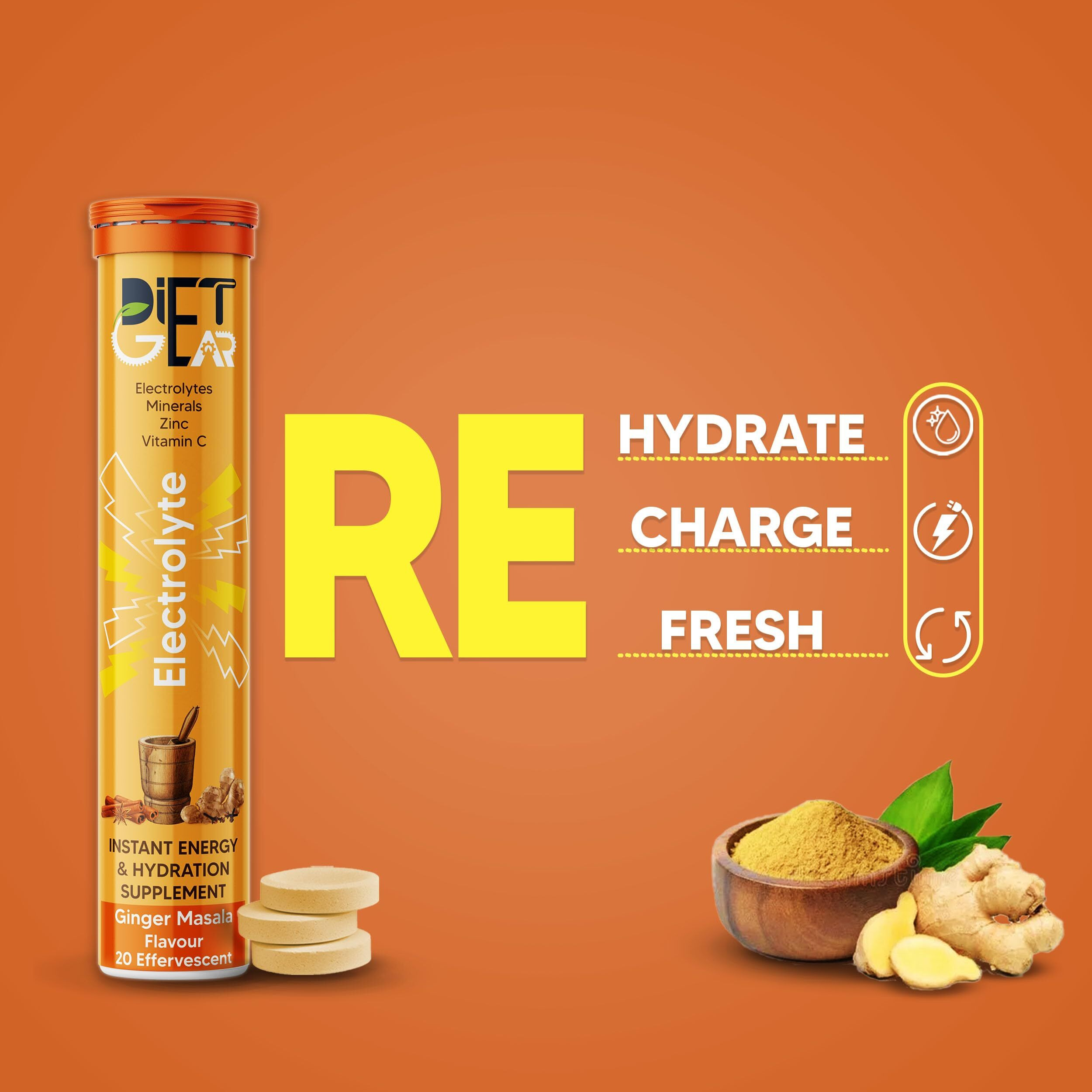DIET GEAR Energy Drink Electrolytes 80 Effervescent Tablets (20 litre) Zero Sugar, Zero Caffeine| 7 Essential Electrolyte Salts (Na, K, Mg, Ca, Cl, Zn) + Vitamin C | Ginger Masala