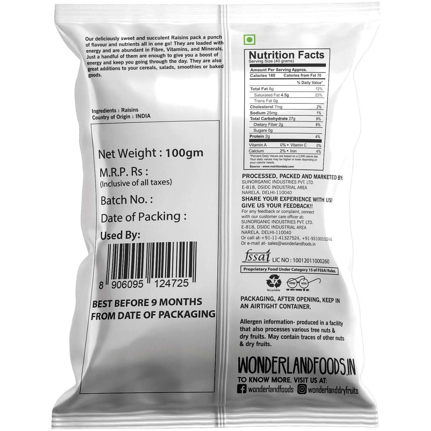 WONDERLAND FOODS (DEVICE) - Plain Raisin (Kishmish) Dried Grapes 500Gm (100Gm X 5) Pouch