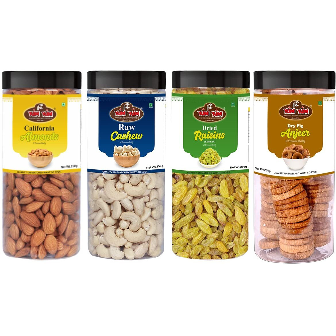YUM YUM Premium Dry Fruits Combo Pack of 4 | California Almonds 250g, Cashew 250g,Raisins 250g,Anjeer Figs 250g| Total 1Kg | Healthy Dry Fruits Snacks |kaju, Badam, Raisins, Anjeer Combo