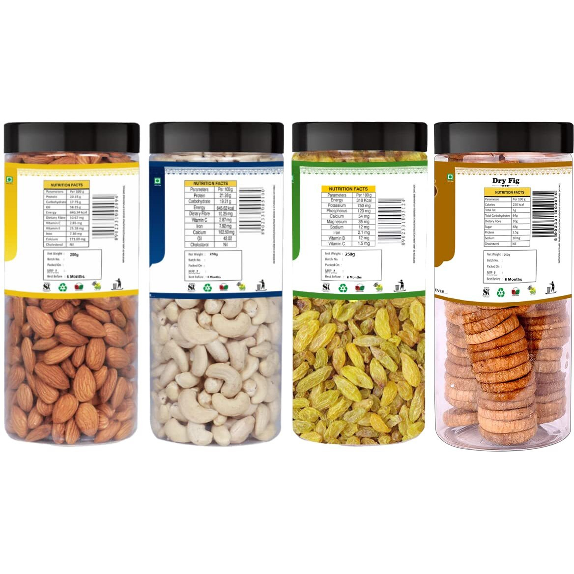 YUM YUM Premium Dry Fruits Combo Pack of 4 | California Almonds 250g, Cashew 250g,Raisins 250g,Anjeer Figs 250g| Total 1Kg | Healthy Dry Fruits Snacks |kaju, Badam, Raisins, Anjeer Combo